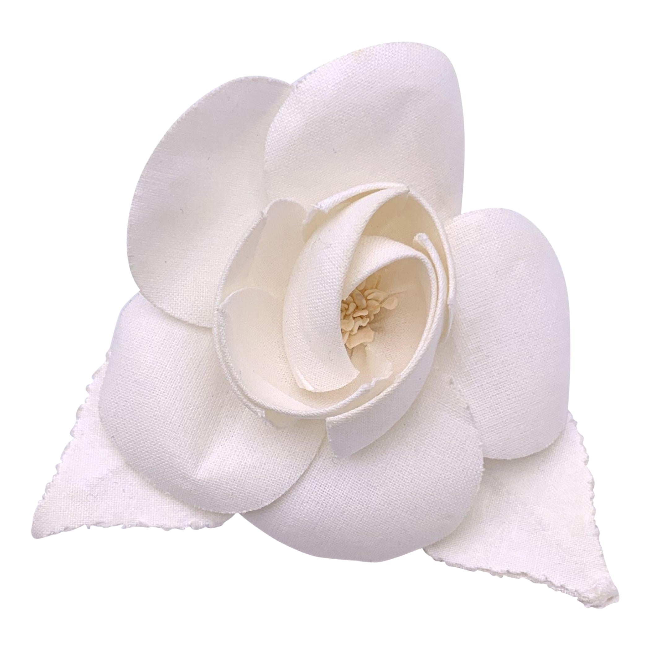Chanel Vintage White Cloth Flower Camelia Brooch Pin with Box