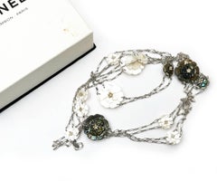Chanel Vintage White Grey Mother of Pearl Camellia Super Long Necklace