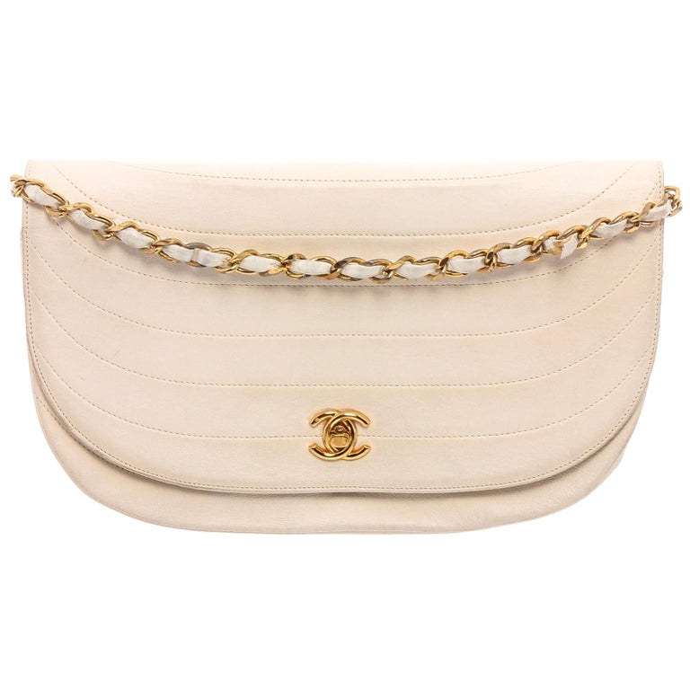 Chanel Vintage White Lambskin Leather Crescent Flap Shoulder Bag at 1stDibs