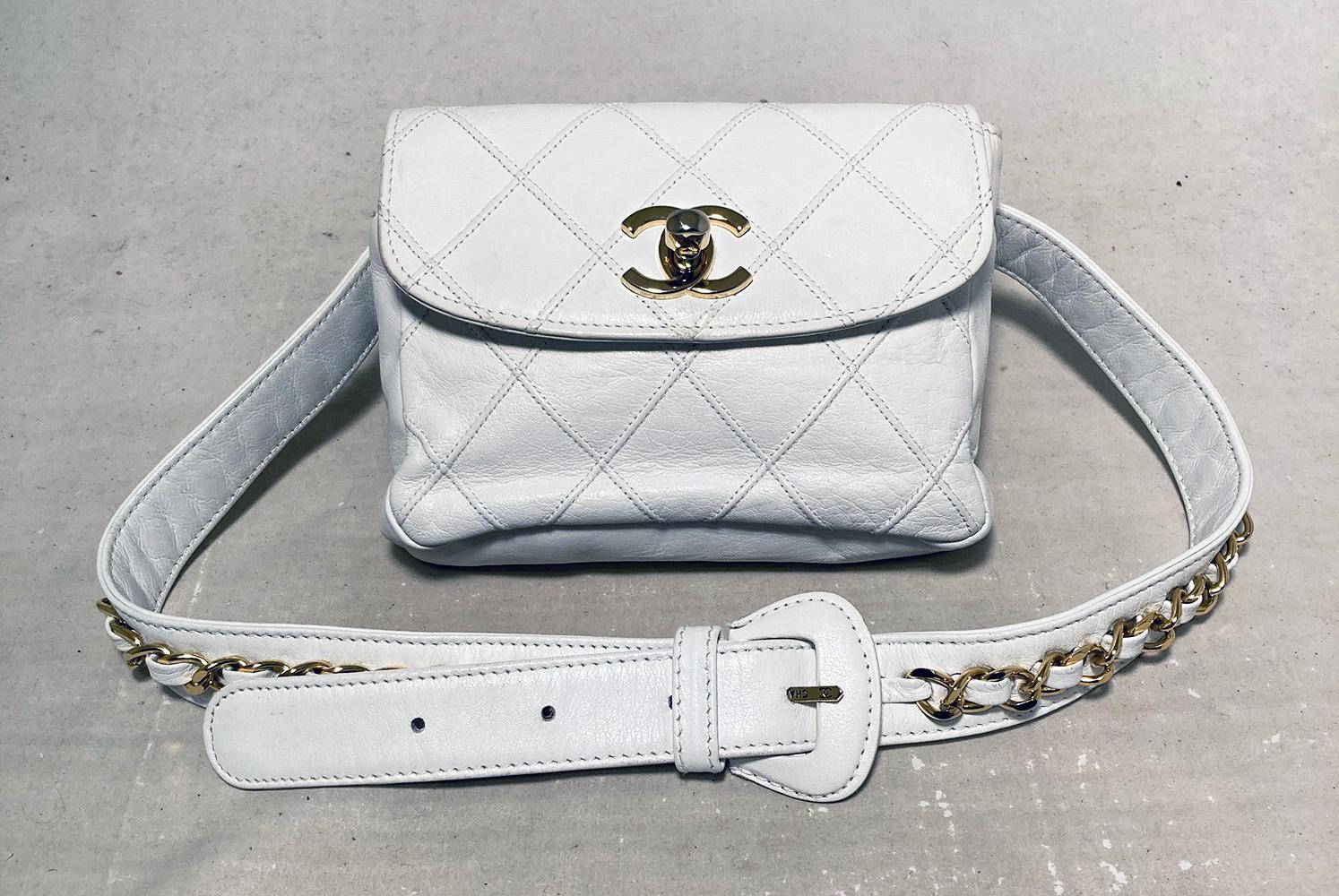 Gray Chanel Vintage White Leather Belt Bag