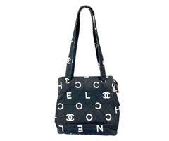 Chanel Vintage White Logo Black Canvas Tote Bag