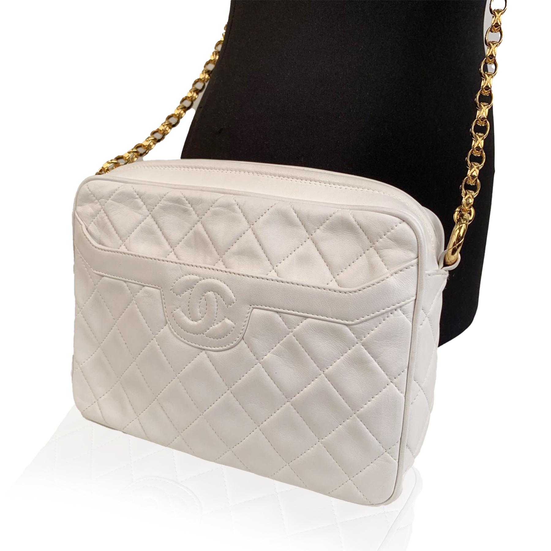 Gray Chanel Vintage White Quilted Leather CC Stitch Camera Bag
