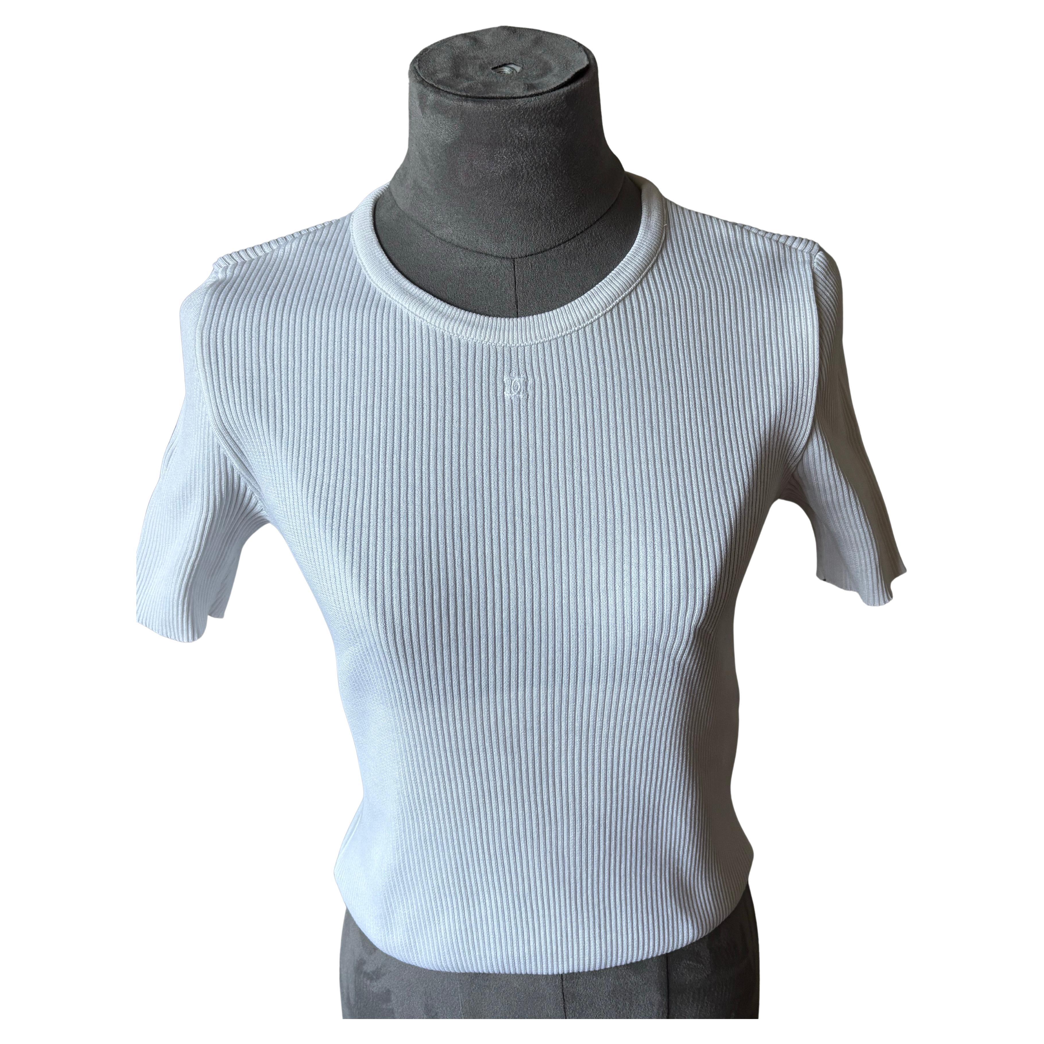 Chanel Vintage Top en maille côtelée blanche avec CC tonale circa 1990