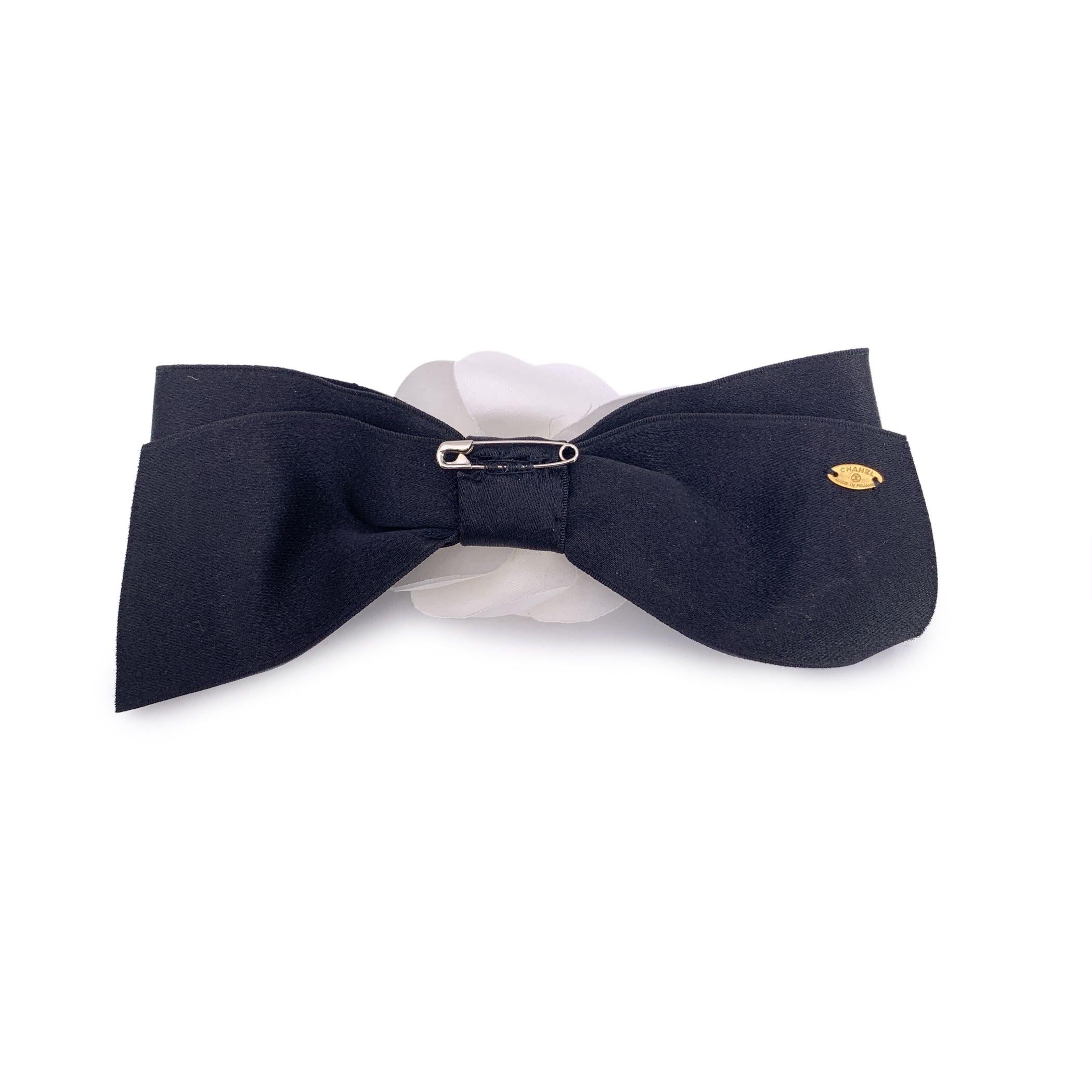 Chanel Vintage White Silk Black Satin Bow Camellia Camelia Brooch For Sale 1
