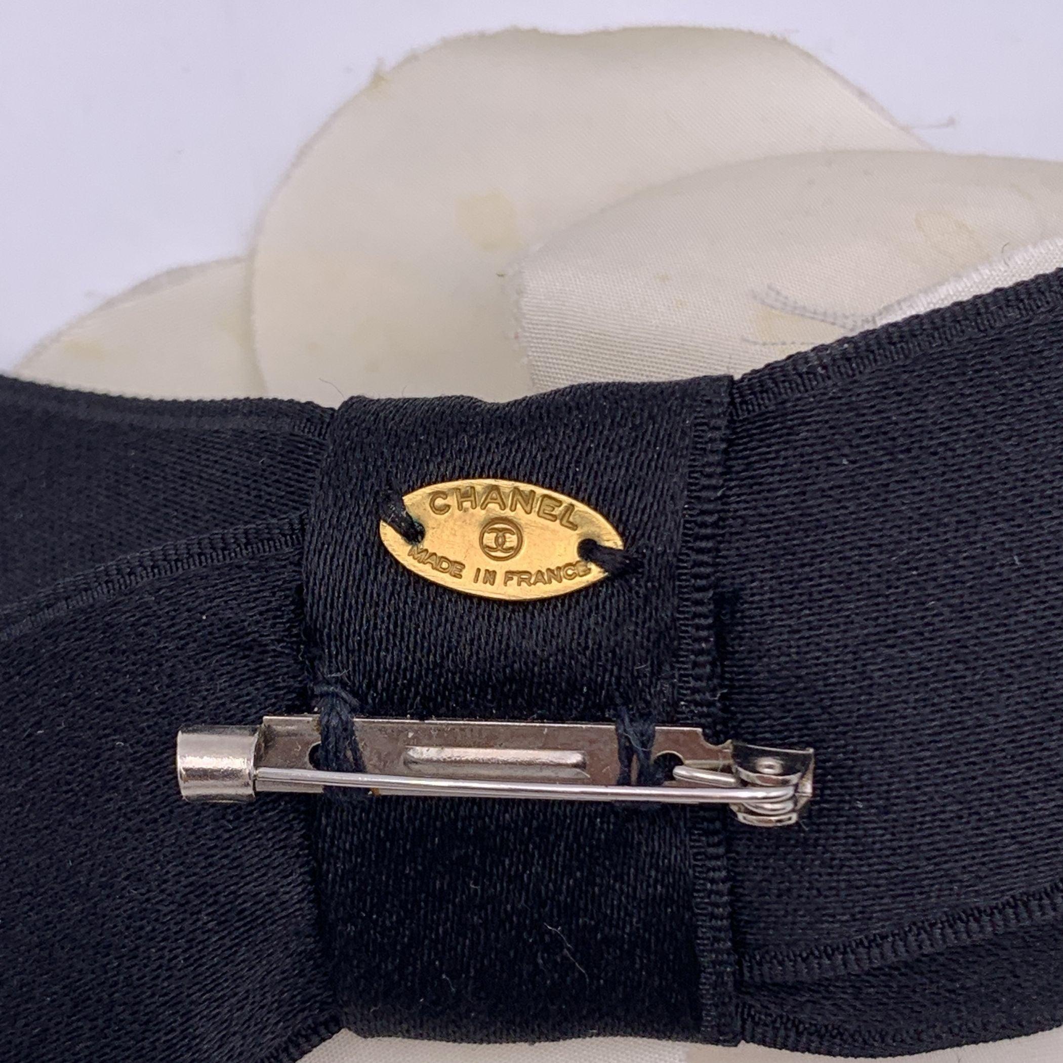 Chanel Vintage White Silk Black Satin Bow Camellia Camelia Brooch 1