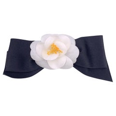 Chanel Vintage White Silk Black Satin Bow Camellia Camelia Brooch