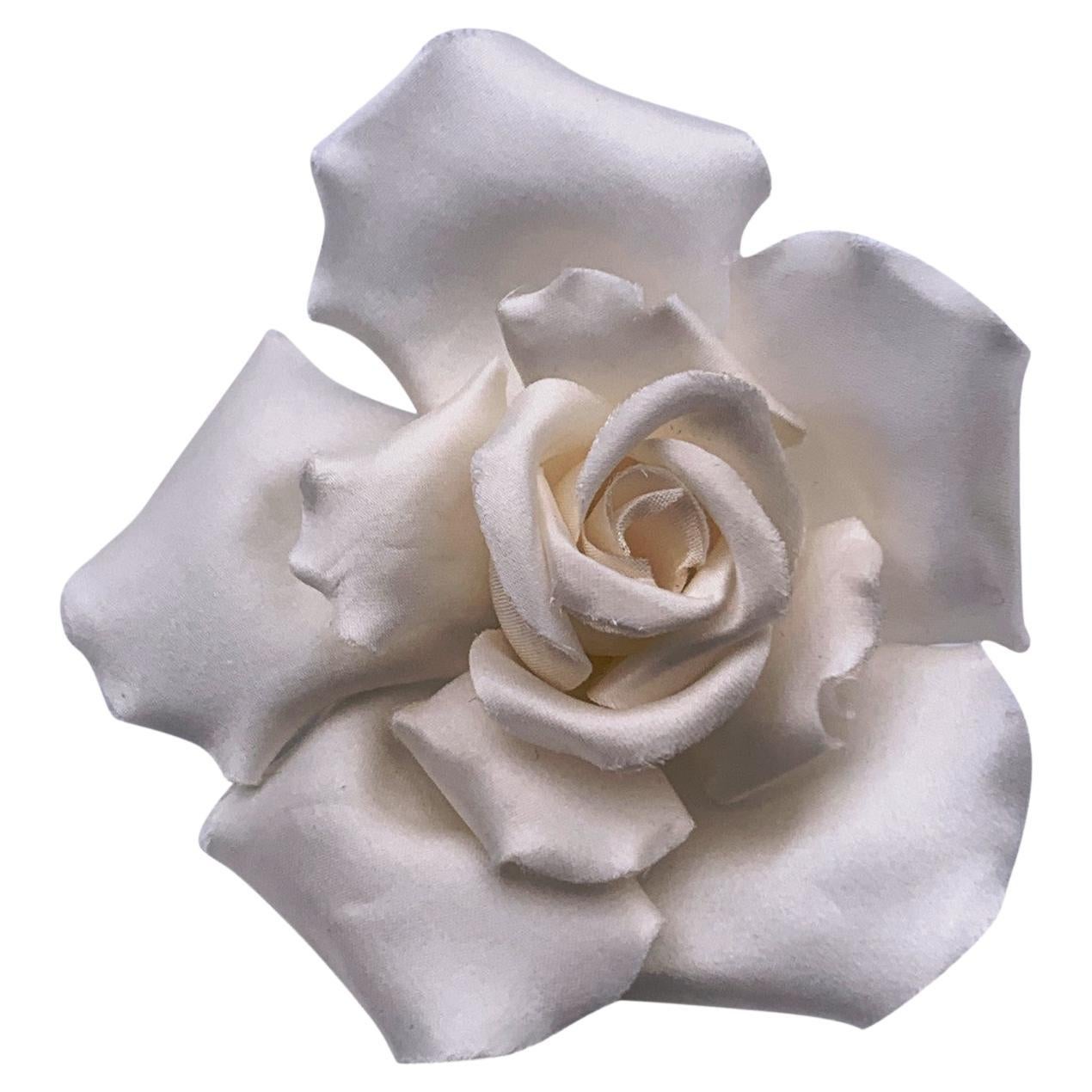 Chanel Vintage White Silk Satin Rose Camellia Flower Pin Brooch