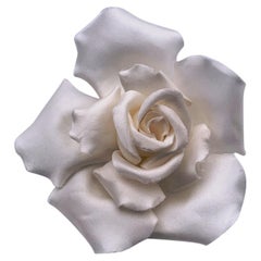 Chanel Vintage White Silk Satin Rose Camellia Flower Pin Brooch