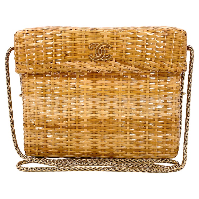 Chanel Chanel Beige Leather x Straw Basket Tote Bag CC