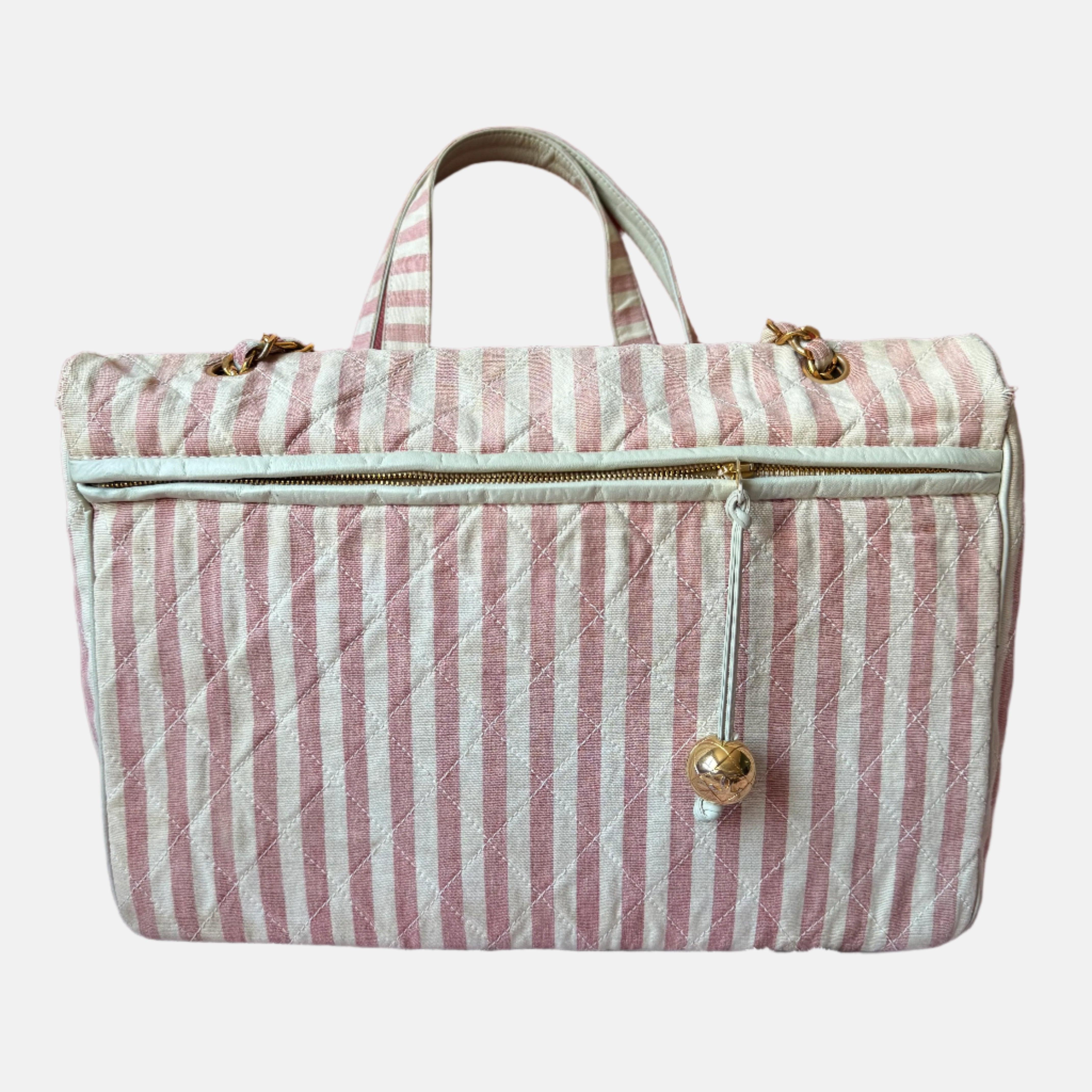 Gray Chanel Vintage XXL Maxi Pink Striped Travel Flap Bag Canvas Gold Hardware