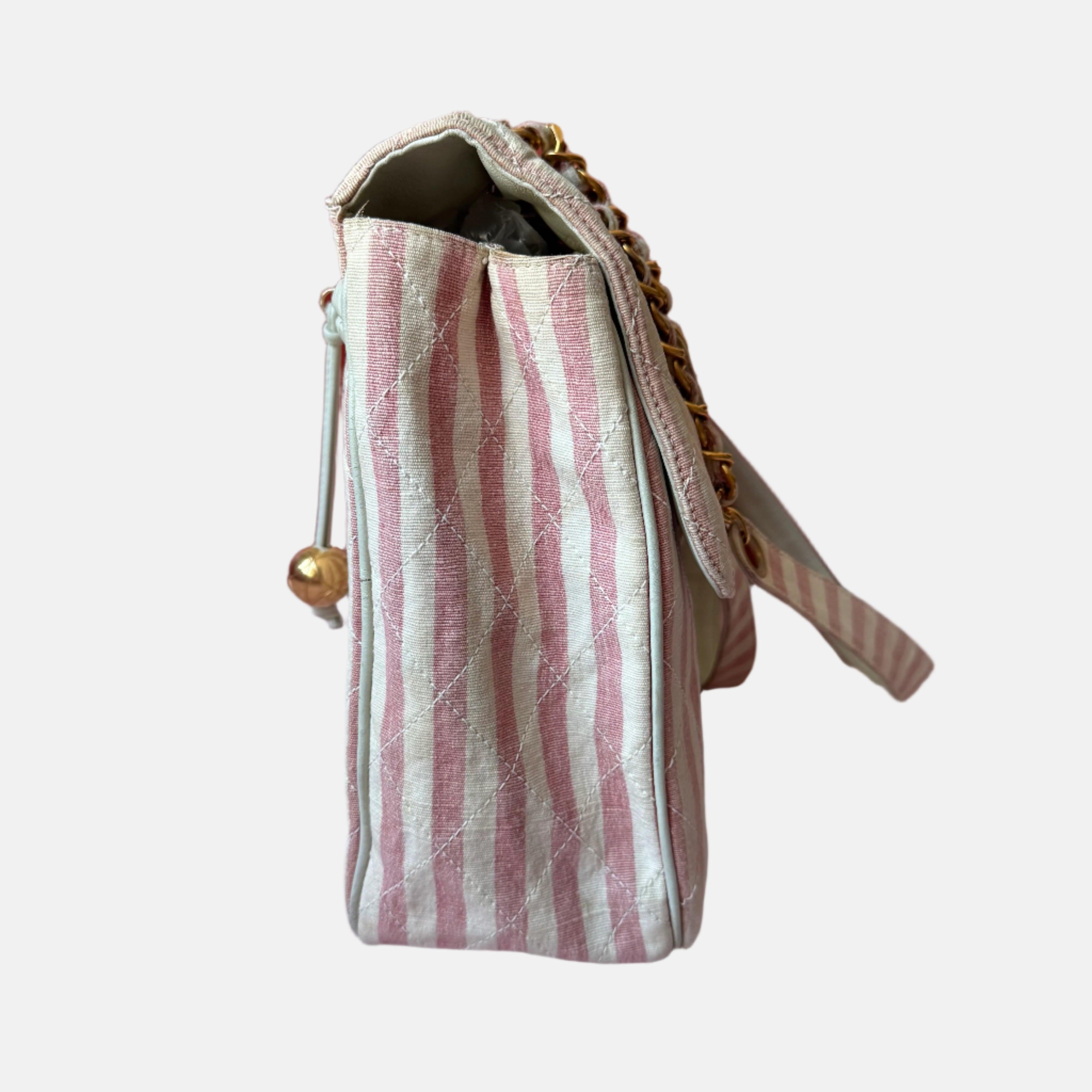 Chanel Vintage XXL Maxi Pink Striped Travel Flap Bag Canvas Gold Hardware In Fair Condition In AUBERVILLIERS, FR