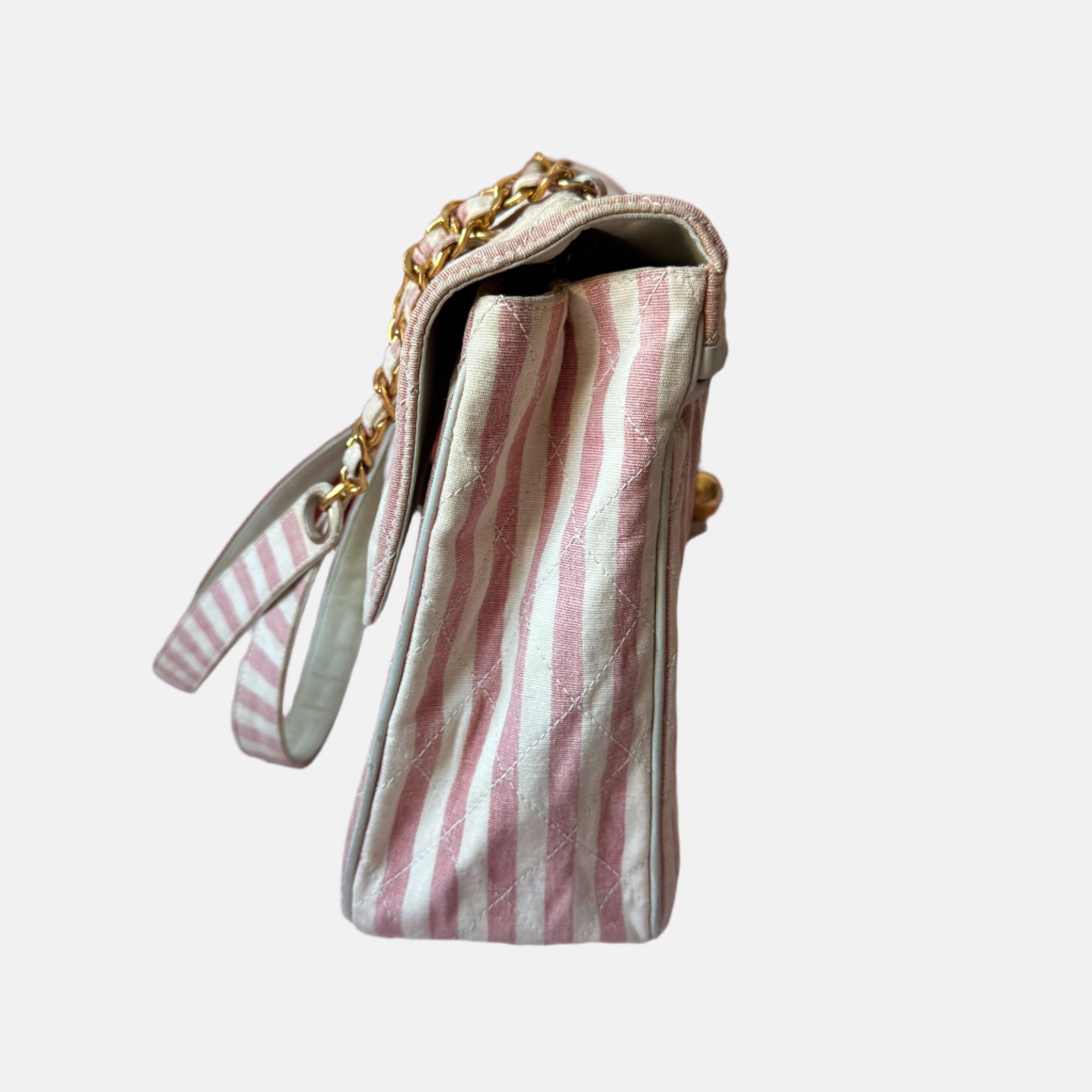 Women's Chanel Vintage XXL Maxi Pink Striped Travel Flap Bag Canvas Gold Hardware