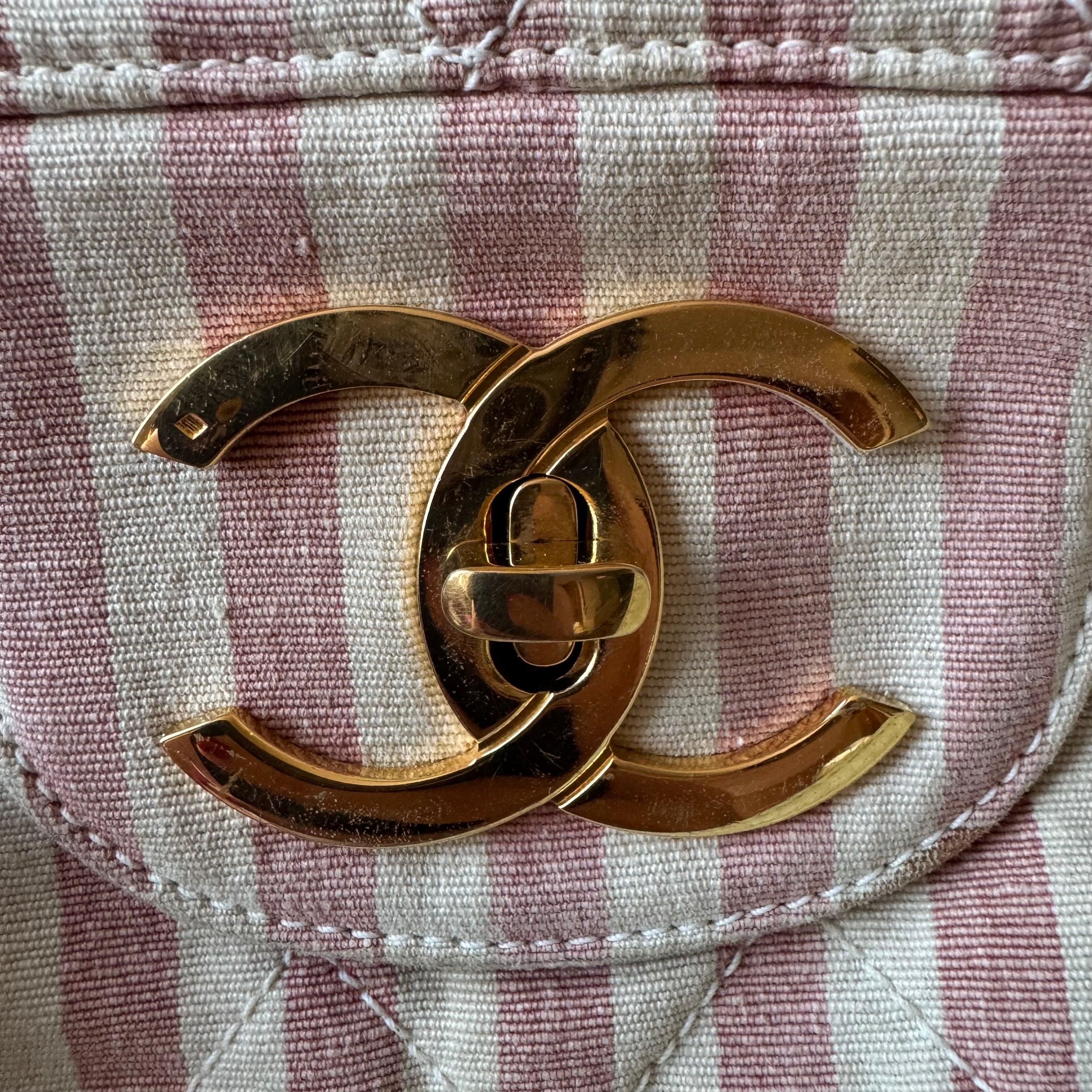 Chanel Vintage XXL Maxi Pink Striped Travel Flap Bag Canvas Gold Hardware 2