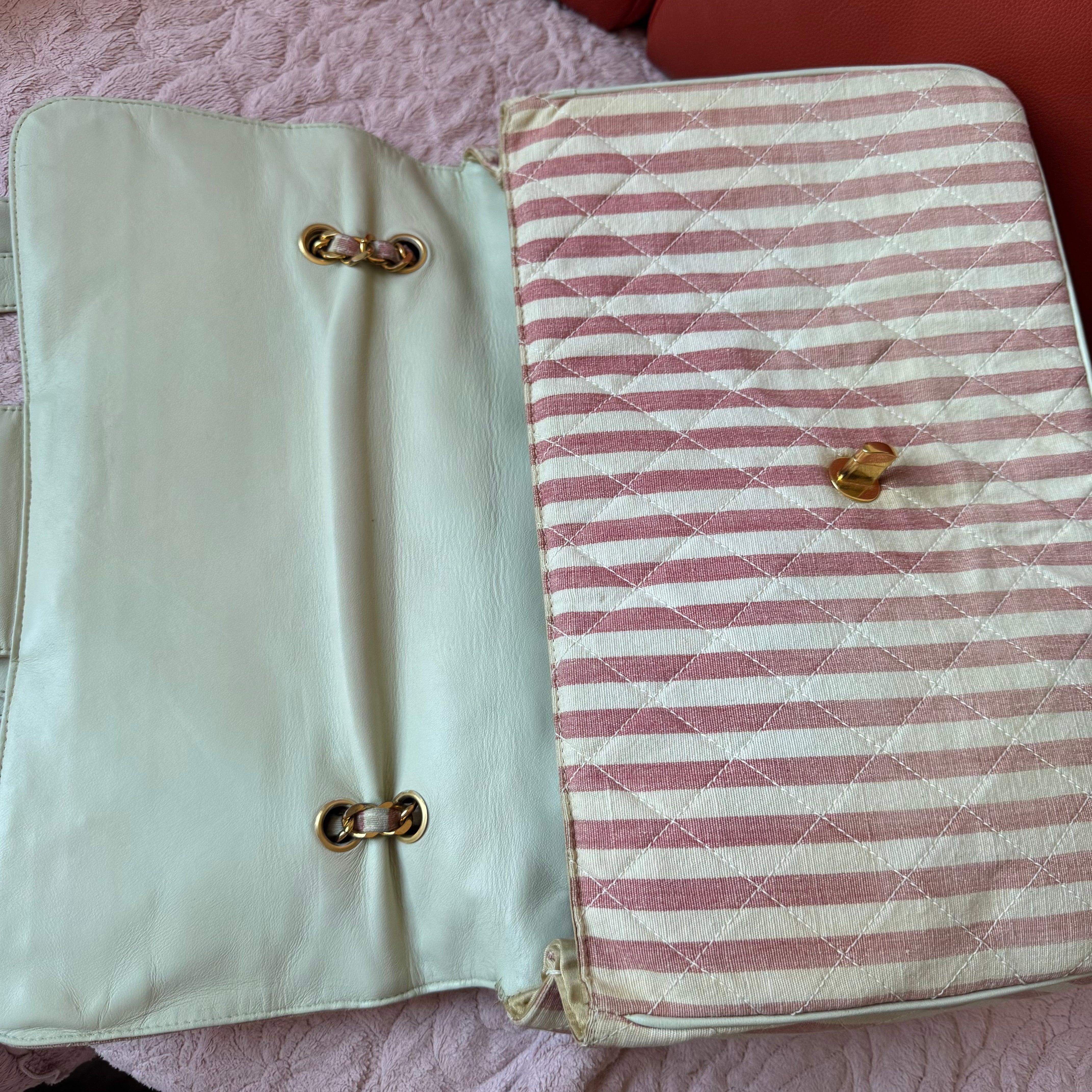Chanel Vintage XXL Maxi Pink Striped Travel Flap Bag Canvas Gold Hardware 4