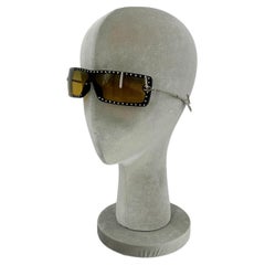 Chanel Vintage Y2K Brown CC Logo Crystal Frame Shield Sunglasses c2000s