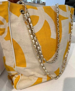 Chanel Vintage Yellow Canvas Chain Tote Bag