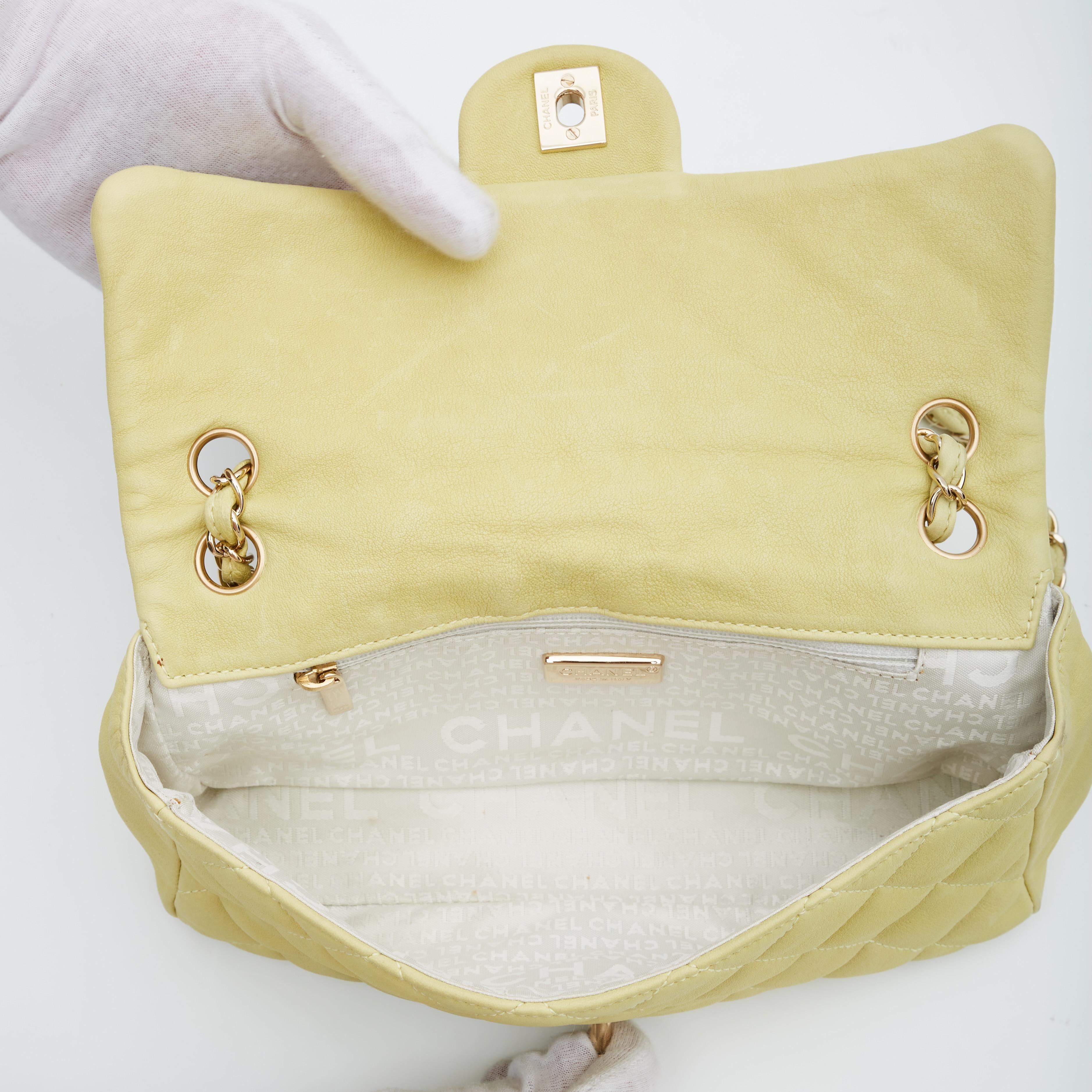 Beige Chanel Vintage Yellow Lambskin East West Flap Shoulder Bag (Circa 2005) Chartreu