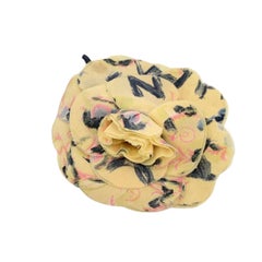 Chanel Vintage Yellow Printed Silk Flower Brooch Pin Camelia Camellia
