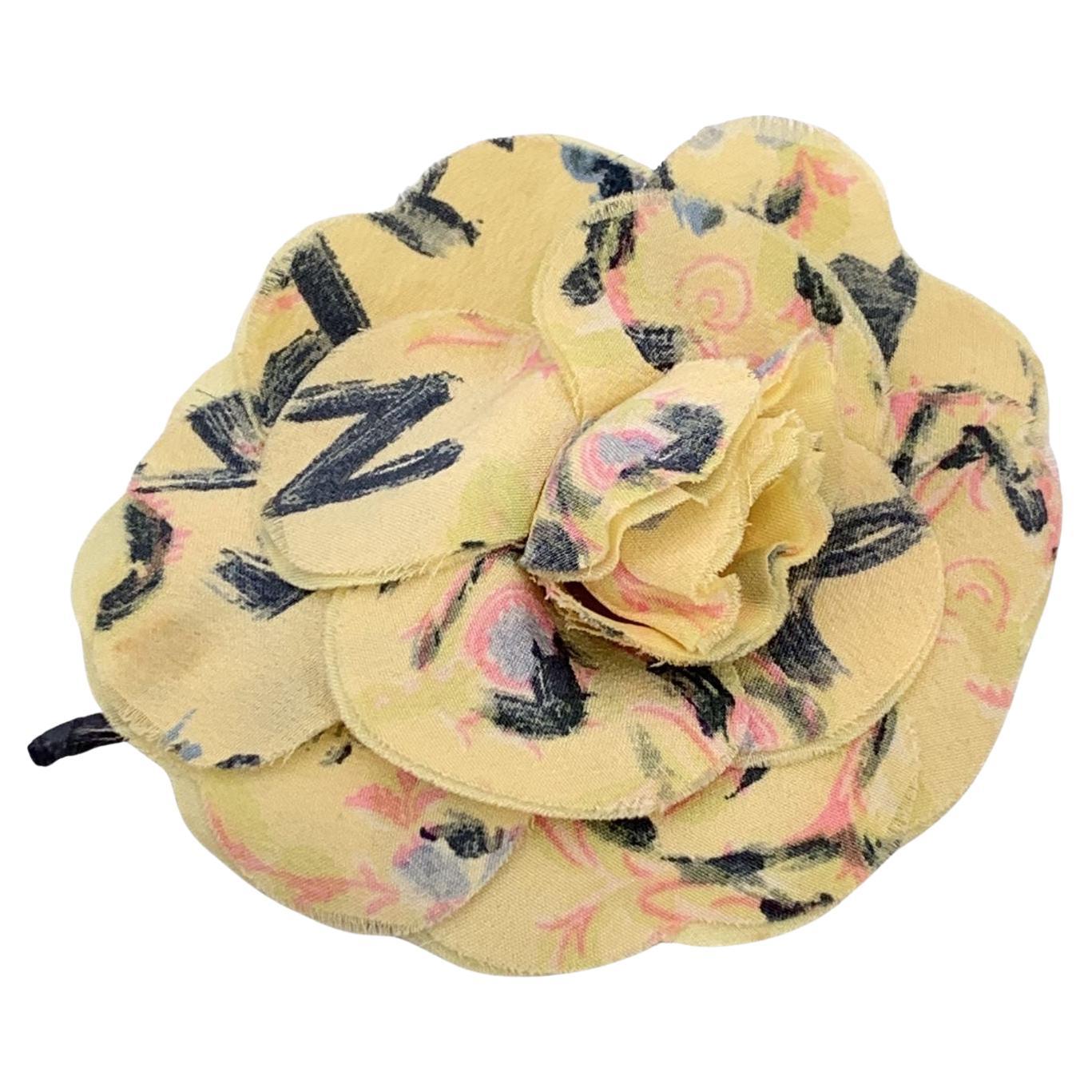 Chanel Vintage Yellow Printed Silk Flower Brooch Pin Camelia Camellia For Sale