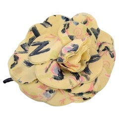 Chanel Vintage Yellow Printed Silk Flower Brooch Pin Camelia Camellia