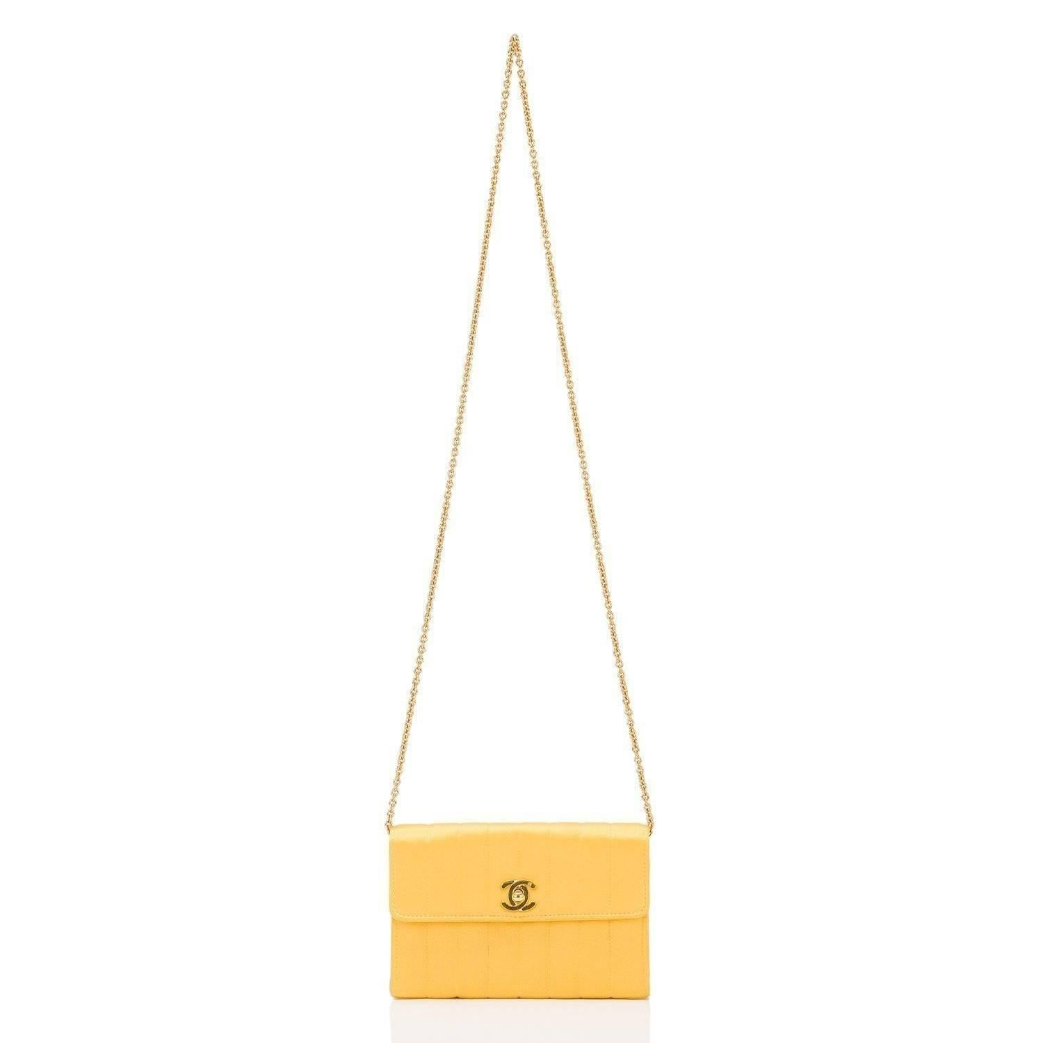 Chanel Vintage Yellow Vertical Quilted Satin Mini Flap Bag For Sale 2