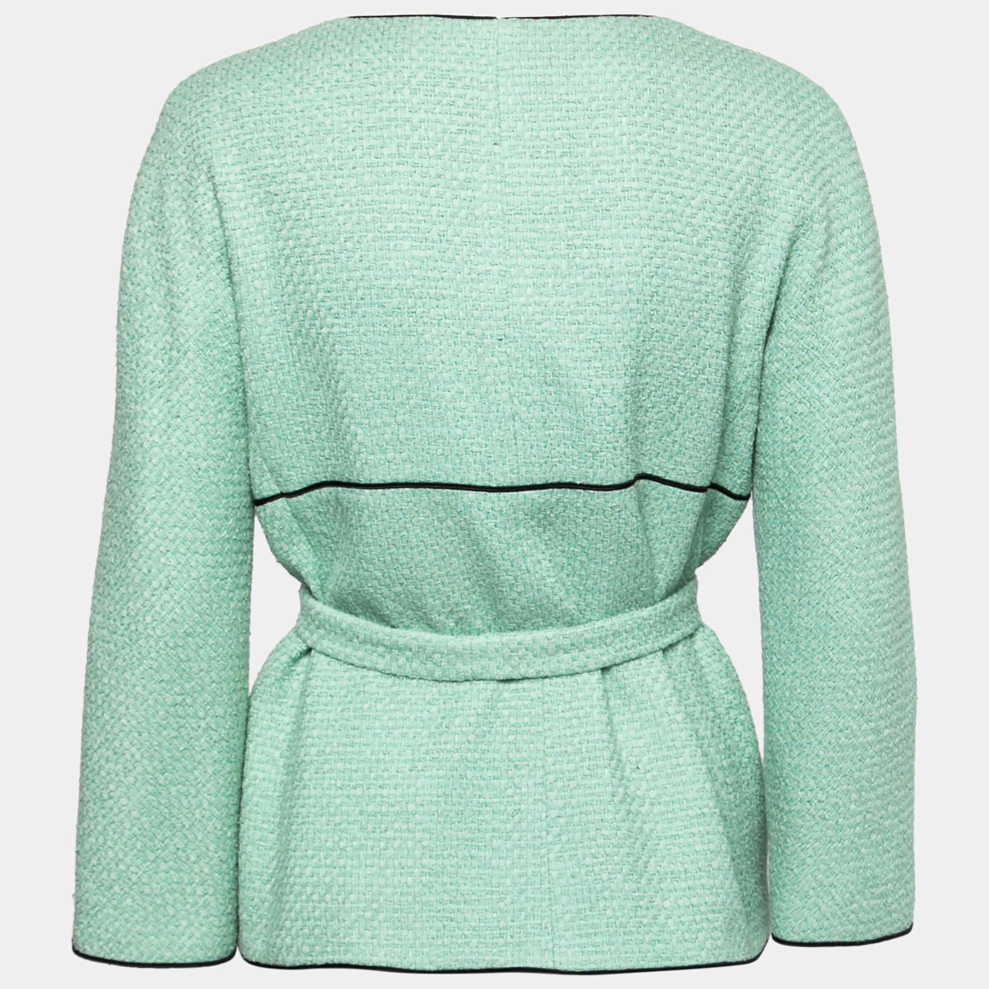 Chanel Vogue Cover Turquoise Tweed Jacket with Belt For Sale 4