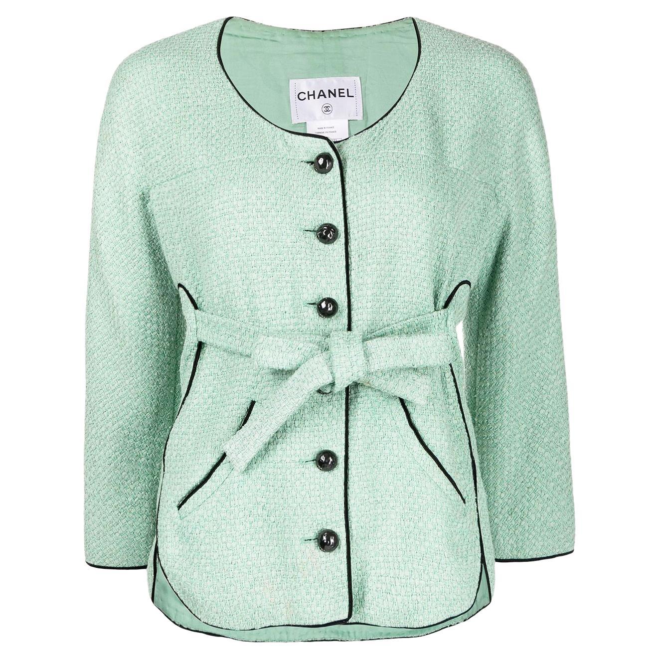Chanel Vogue Cover Turquoise Tweed Jacket with Belt For Sale