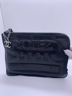 Chanel Votez Coco Black Distressed Leather Zip Clutch CC Logo