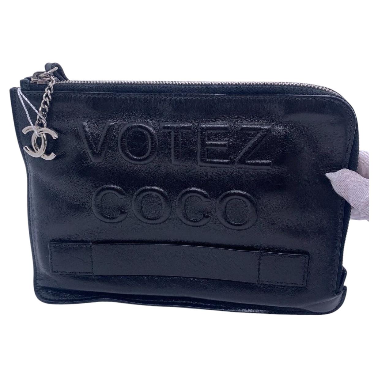 Chanel Votez Coco Black Distressed Leather Zip Clutch CC Logo For Sale