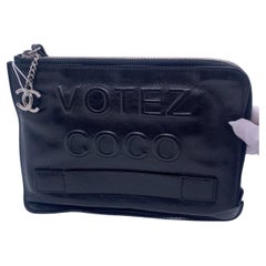Chanel Votez Coco Black Distressed Leather Zip Clutch CC Logo