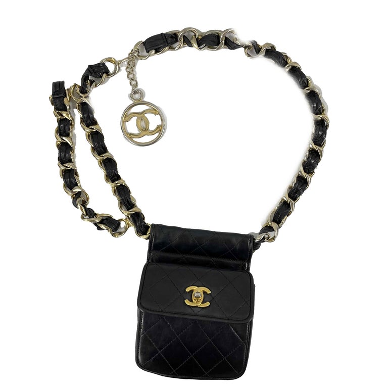 CHANEL VTG 90s Black Quilted Leather CC Chain Belt Mini Bag / Fanny Pack For Sale at 1stDibs