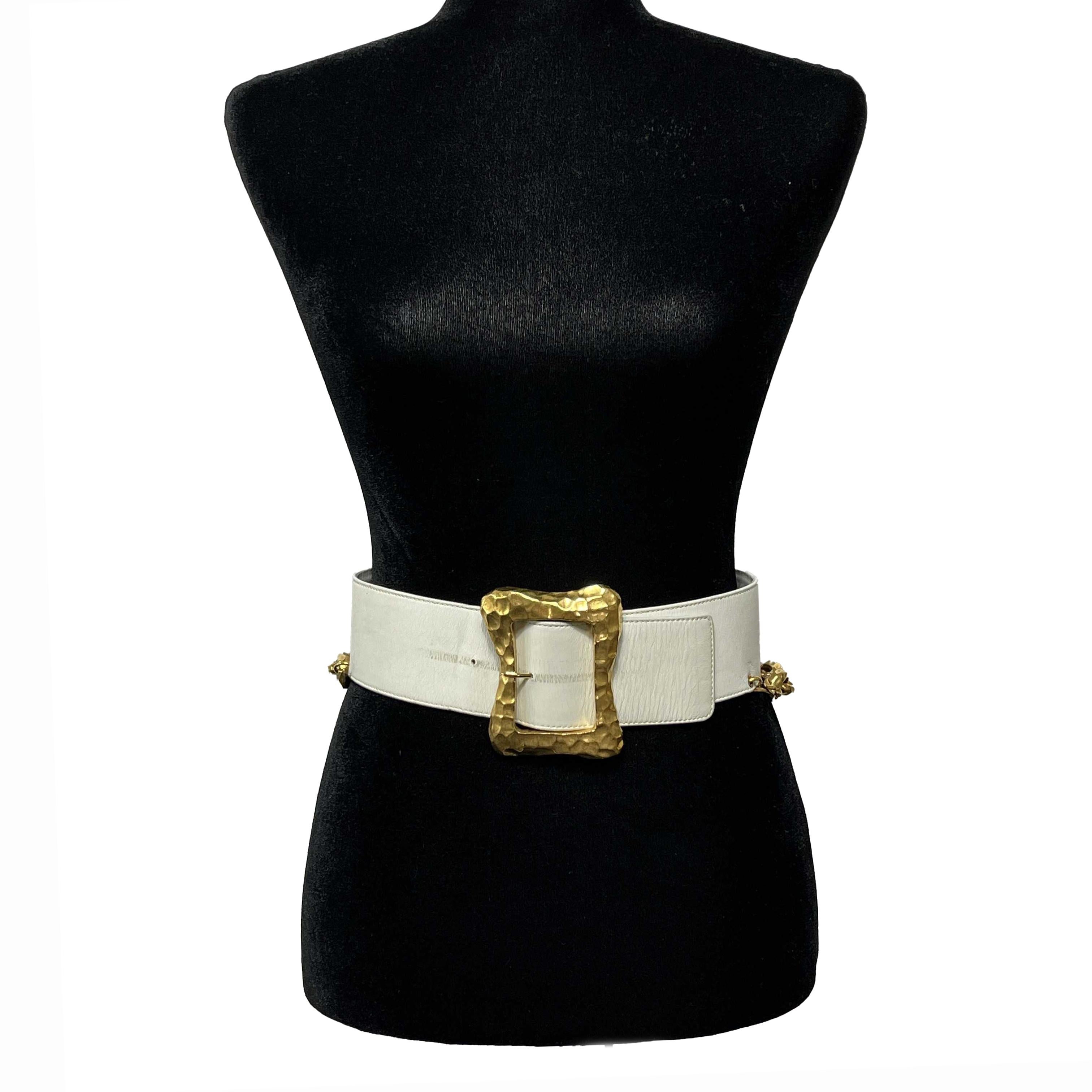 CHANEL - VTG 93P Wide White Leather Large Buckle Gold Chain Waist Belt - 70 / 28 3