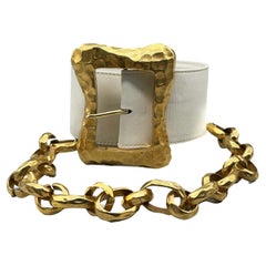 CHANEL - VTG 93P Wide White Leather Large Buckle Gold Chain Waist Belt - 70 / 28