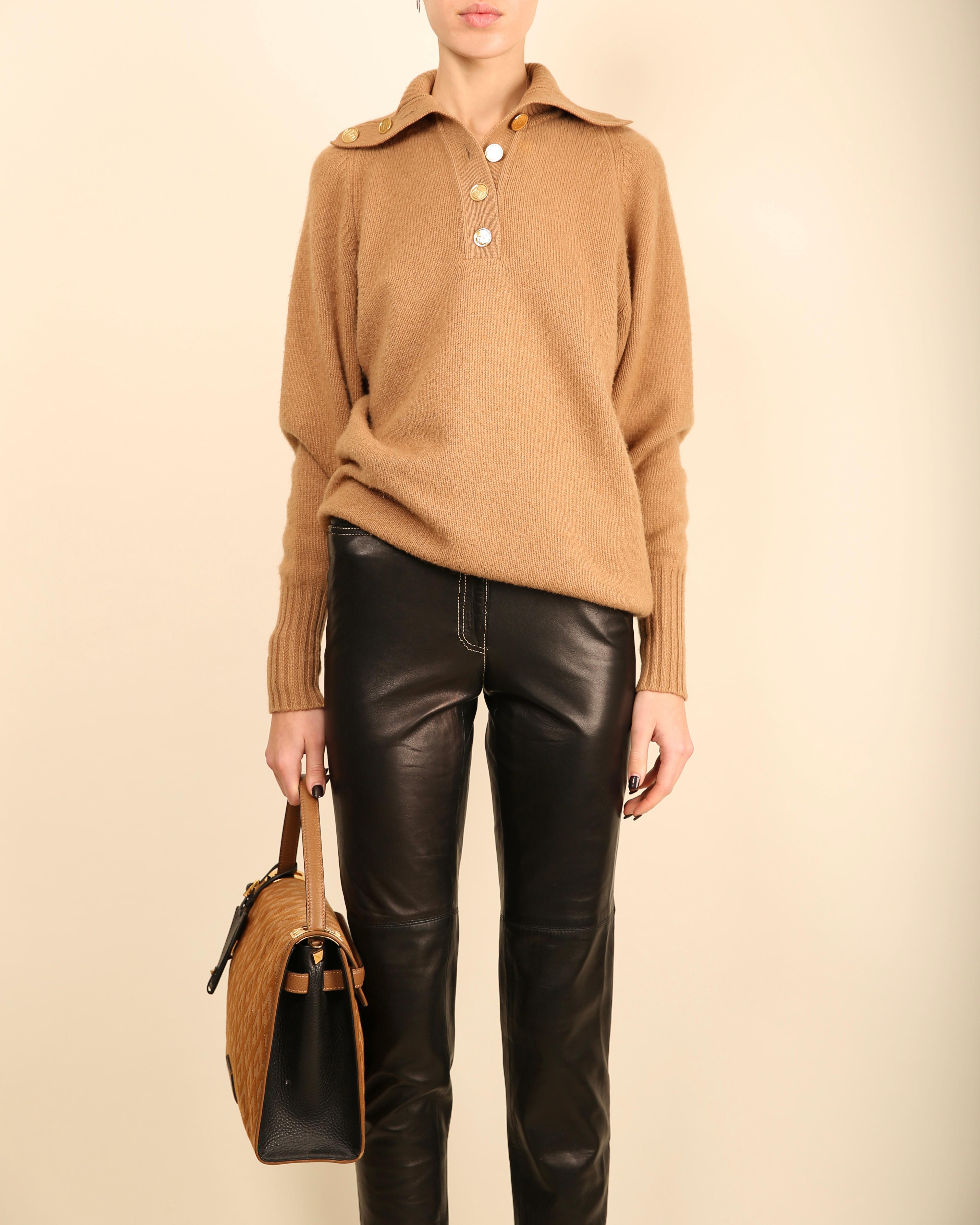 Chanel vtg tan camel beige turtleneck gold logo button cashmere dress sweater  For Sale 7