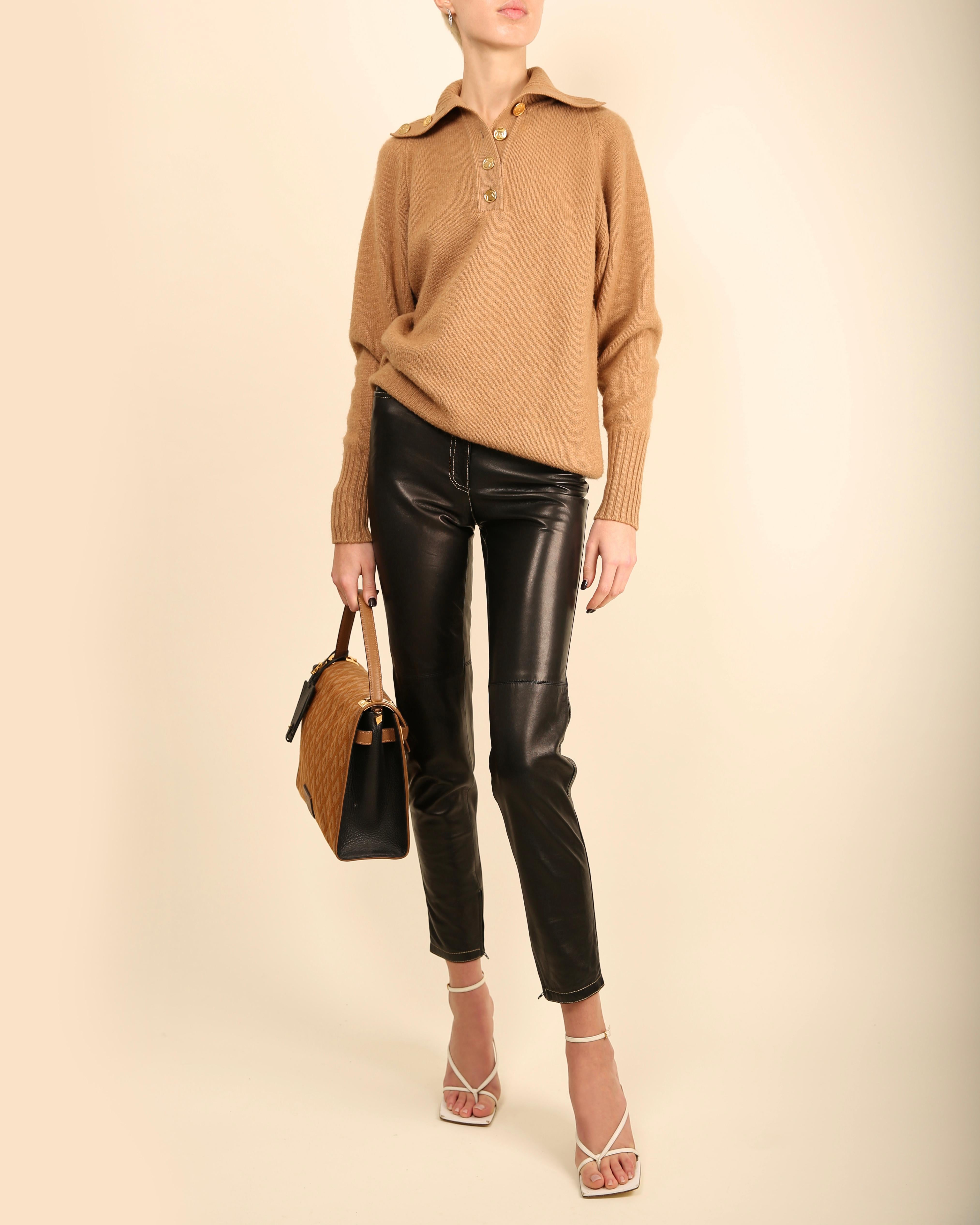 Chanel vtg tan camel beige turtleneck gold logo button cashmere dress sweater  For Sale 8