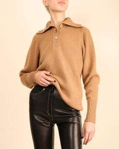 Chanel vtg tan camel beige turtleneck gold logo button cashmere dress sweater