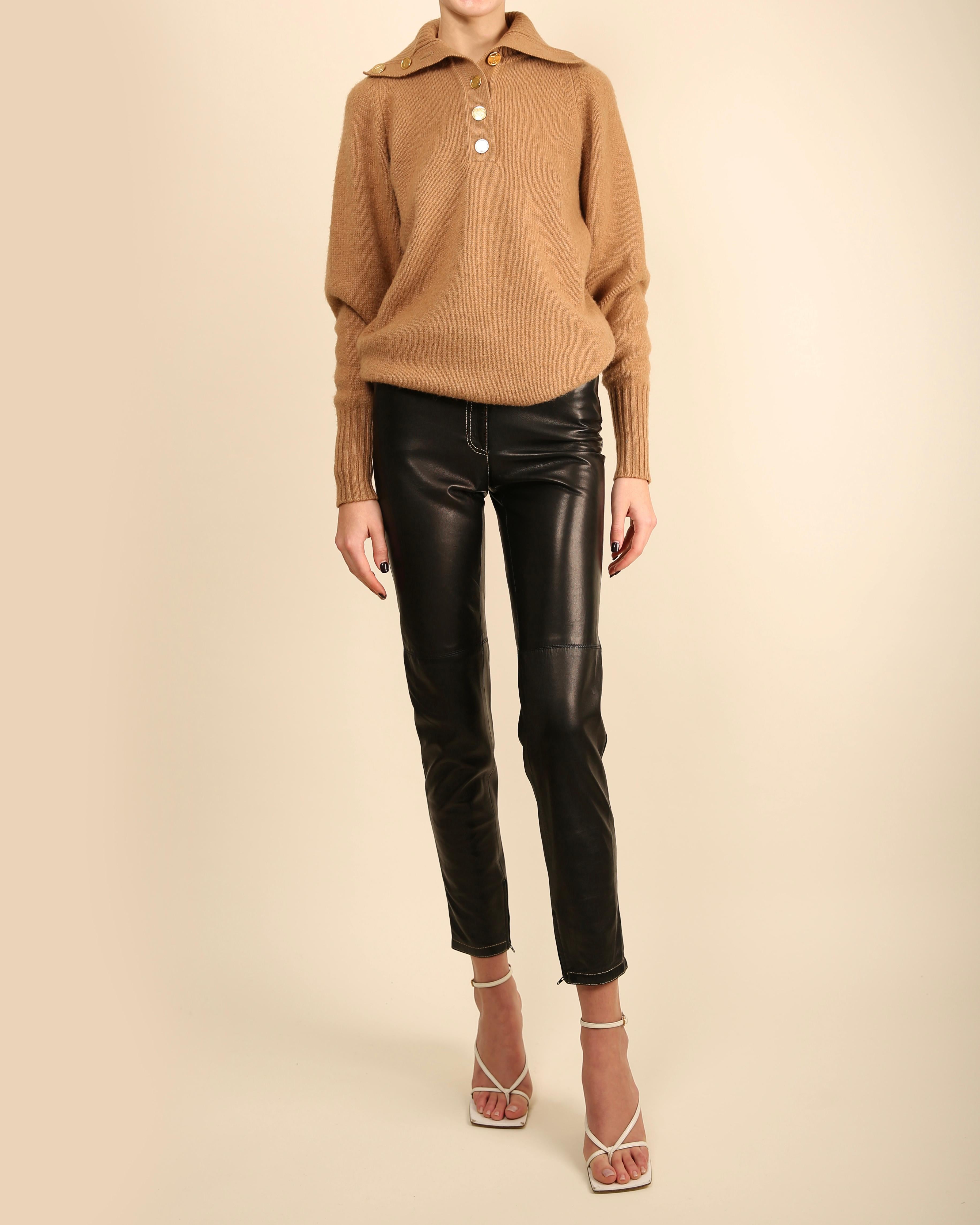Women's Chanel vtg tan camel beige turtleneck gold logo button cashmere dress sweater  For Sale