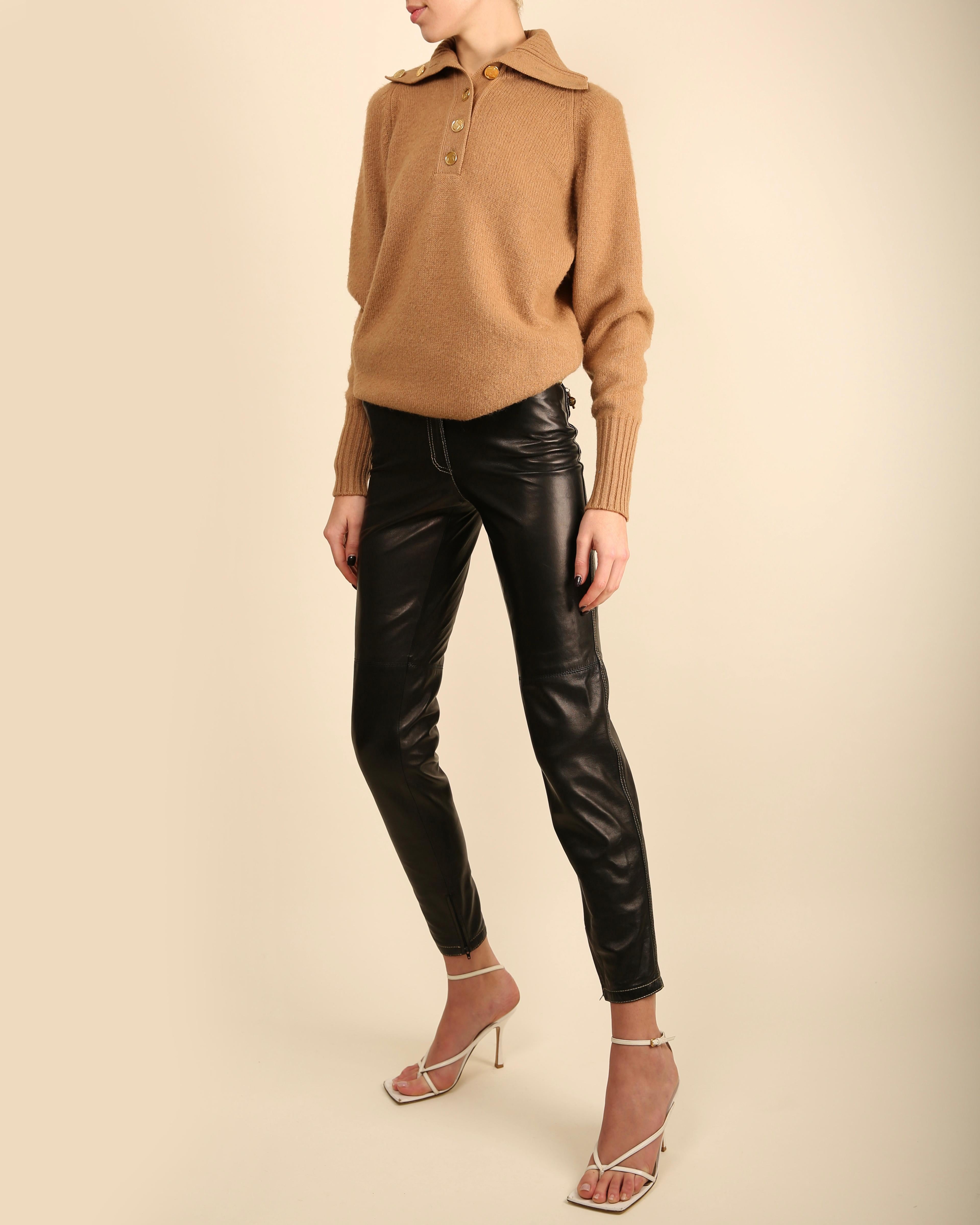 Chanel vtg tan camel beige turtleneck gold logo button cashmere dress sweater  For Sale 1