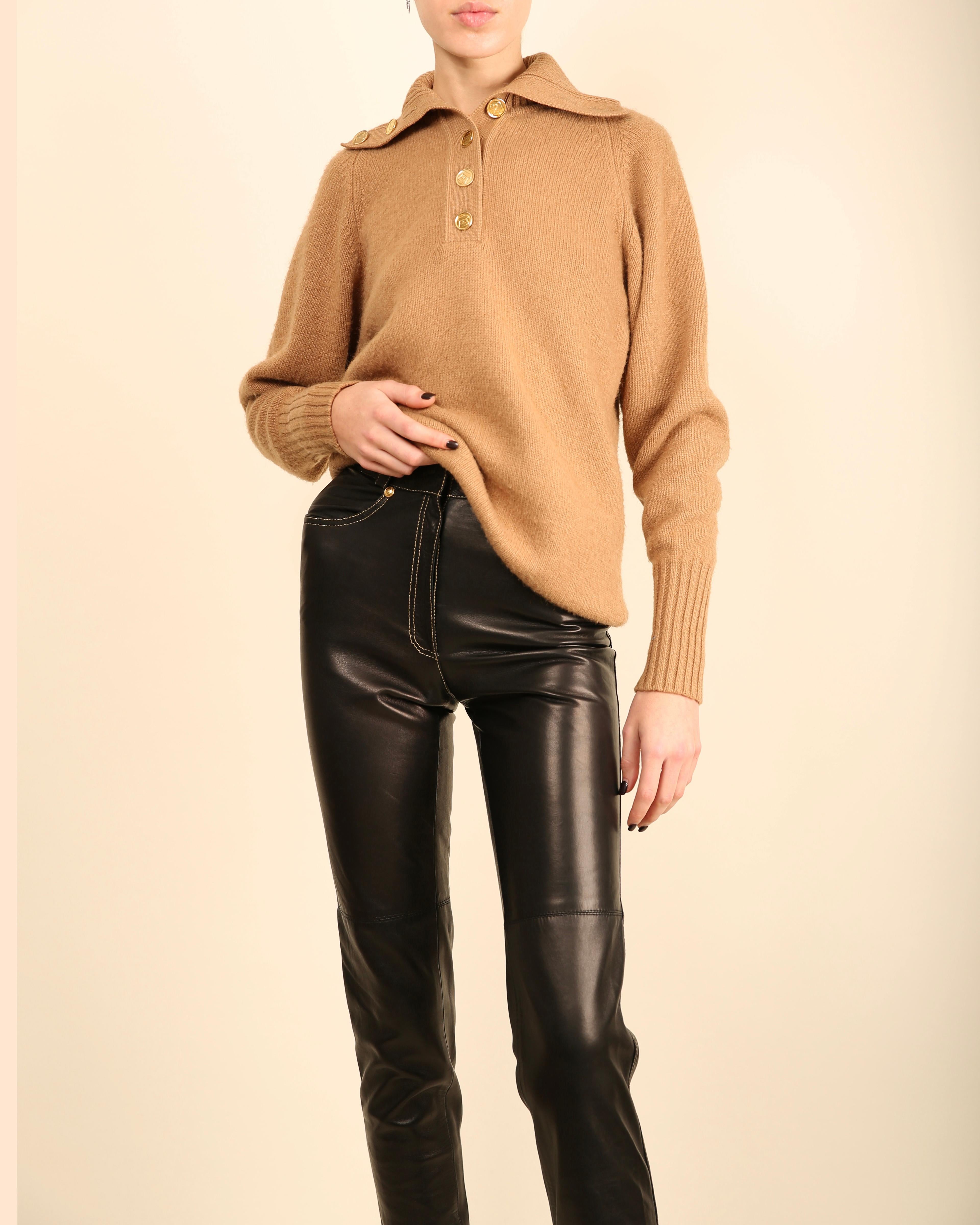 Chanel vtg tan camel beige turtleneck gold logo button cashmere dress sweater  For Sale 3