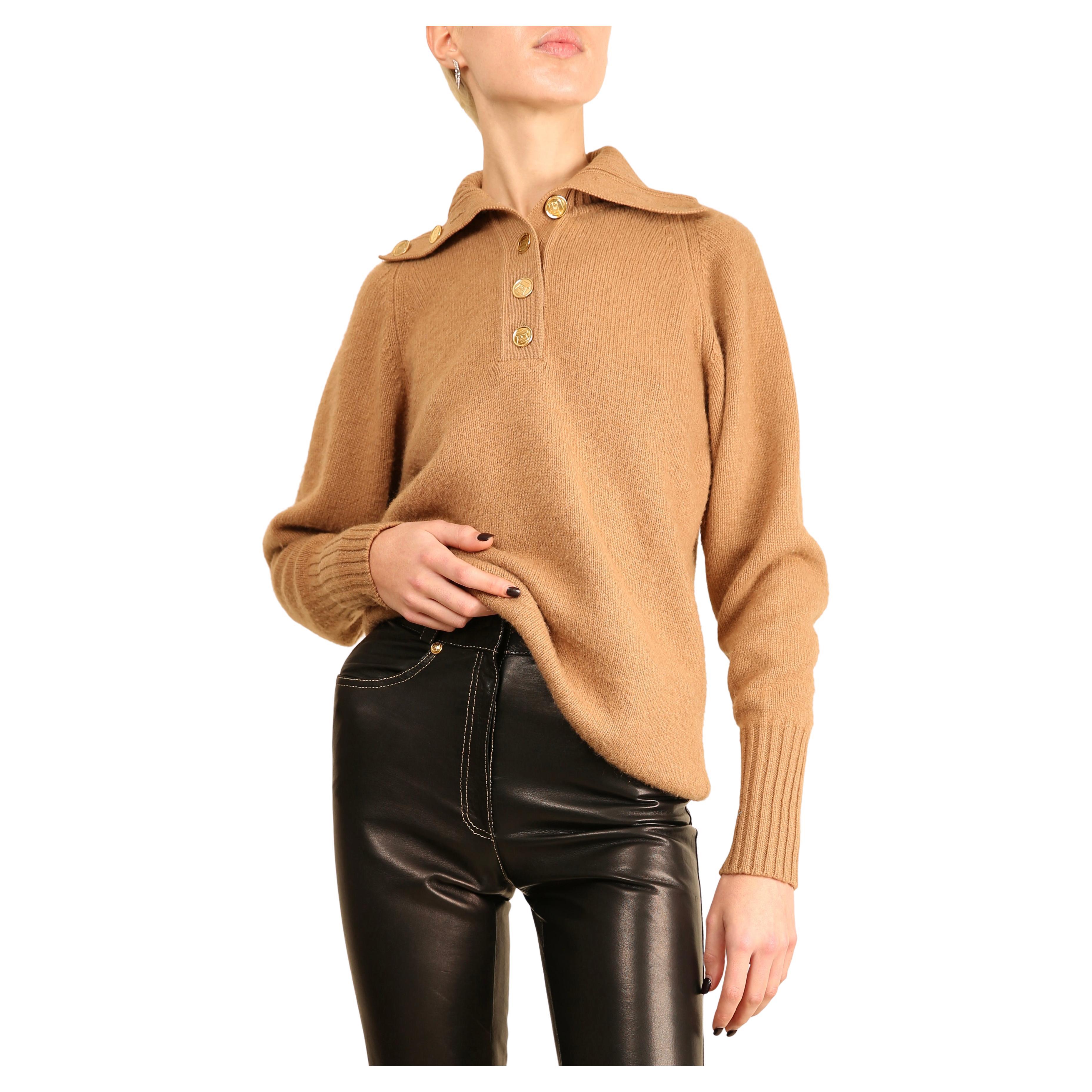 Chanel vtg tan camel beige turtleneck gold logo button cashmere dress sweater  For Sale