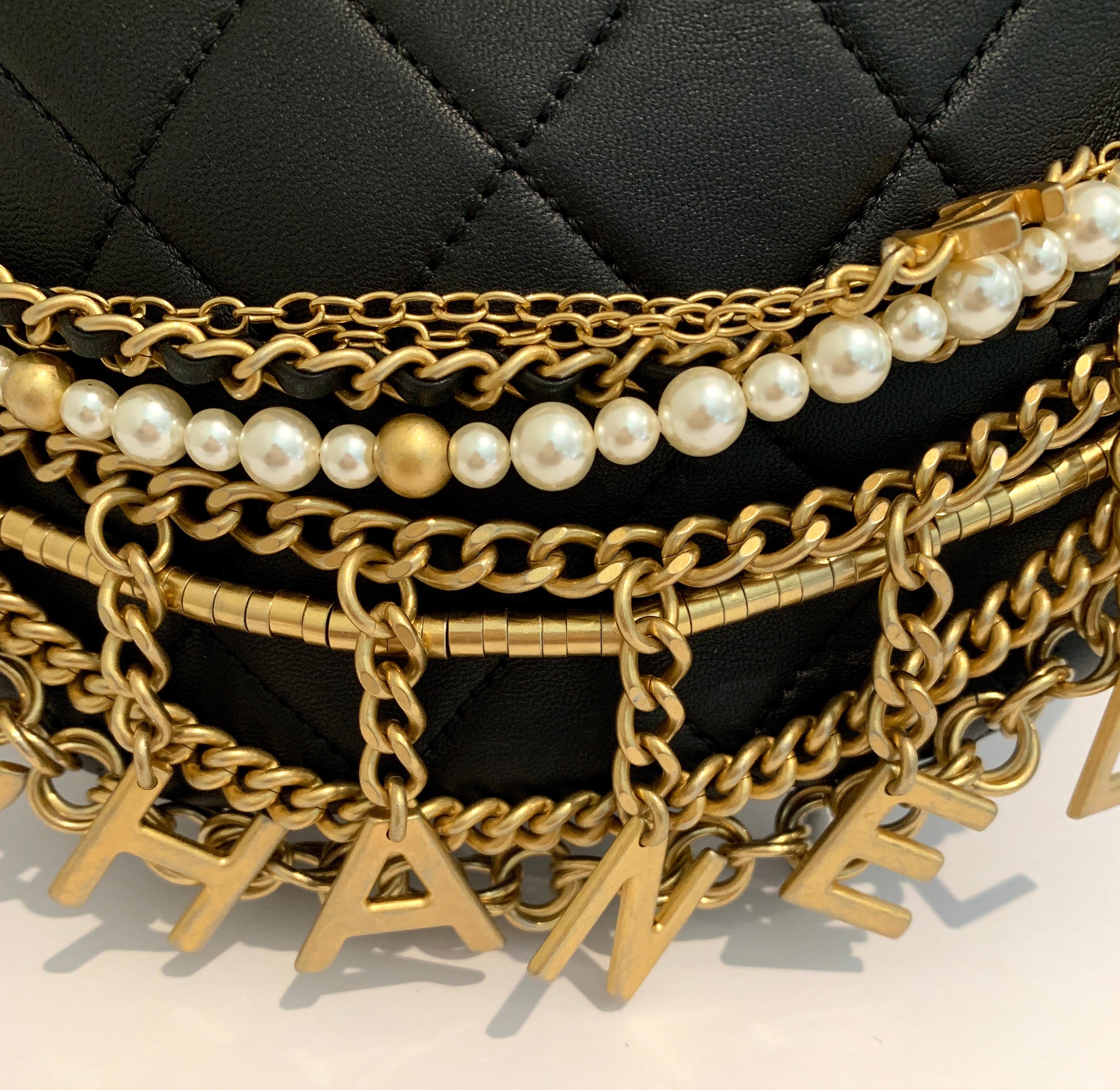 Black Chanel Waist Bum Bag Lambskin, Gold-Tone Pearls Chains