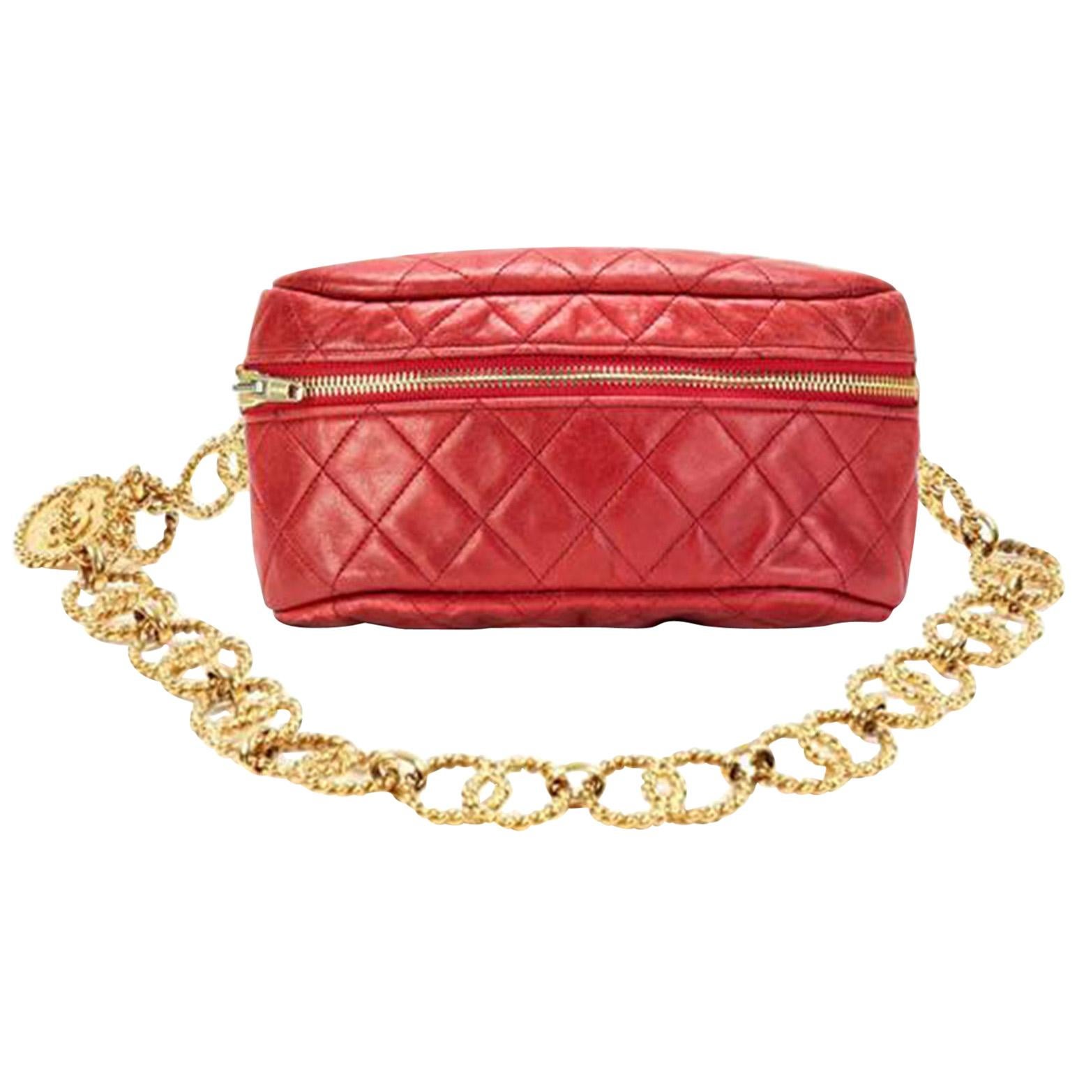 Chanel Waist Fanny Pack Vintage Rare Gold Chain Collector's Piece Red Belt Bag For Sale