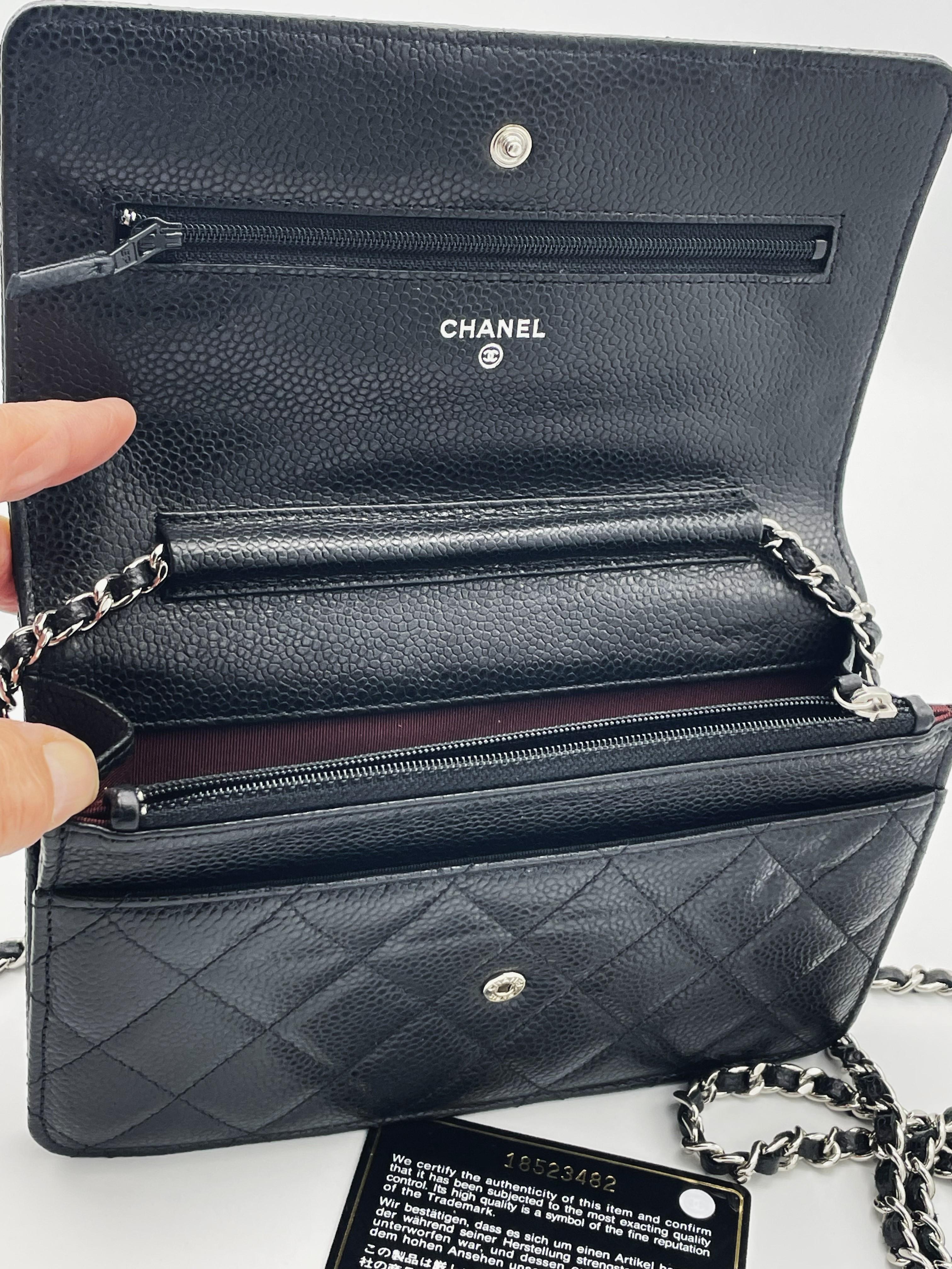 CHANEL WALLET ON CHAIN, black Caviar leather, long carrying chain , ID Carte For Sale 6