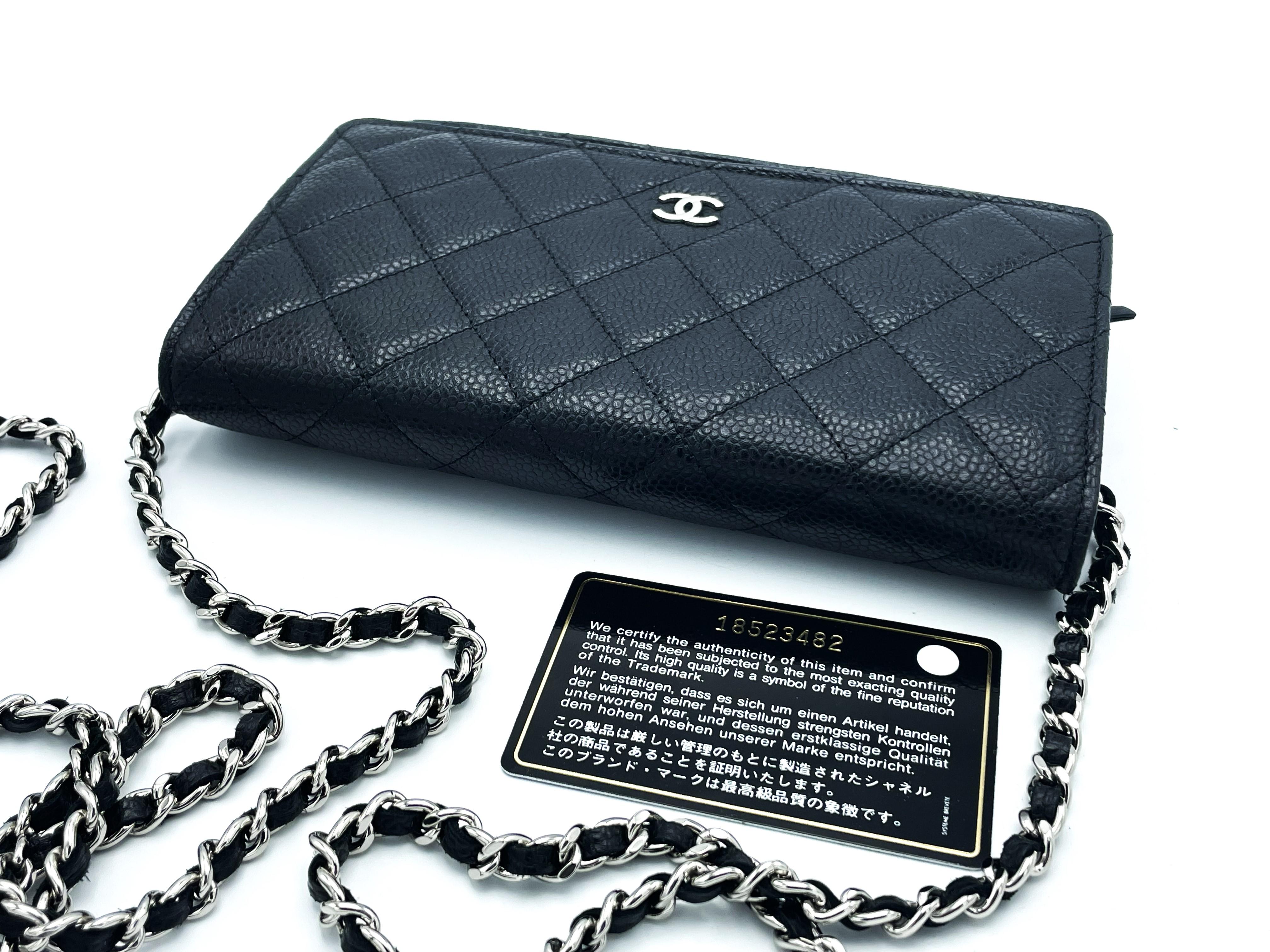 Black CHANEL WALLET ON CHAIN, black Caviar leather, long carrying chain , ID Carte For Sale