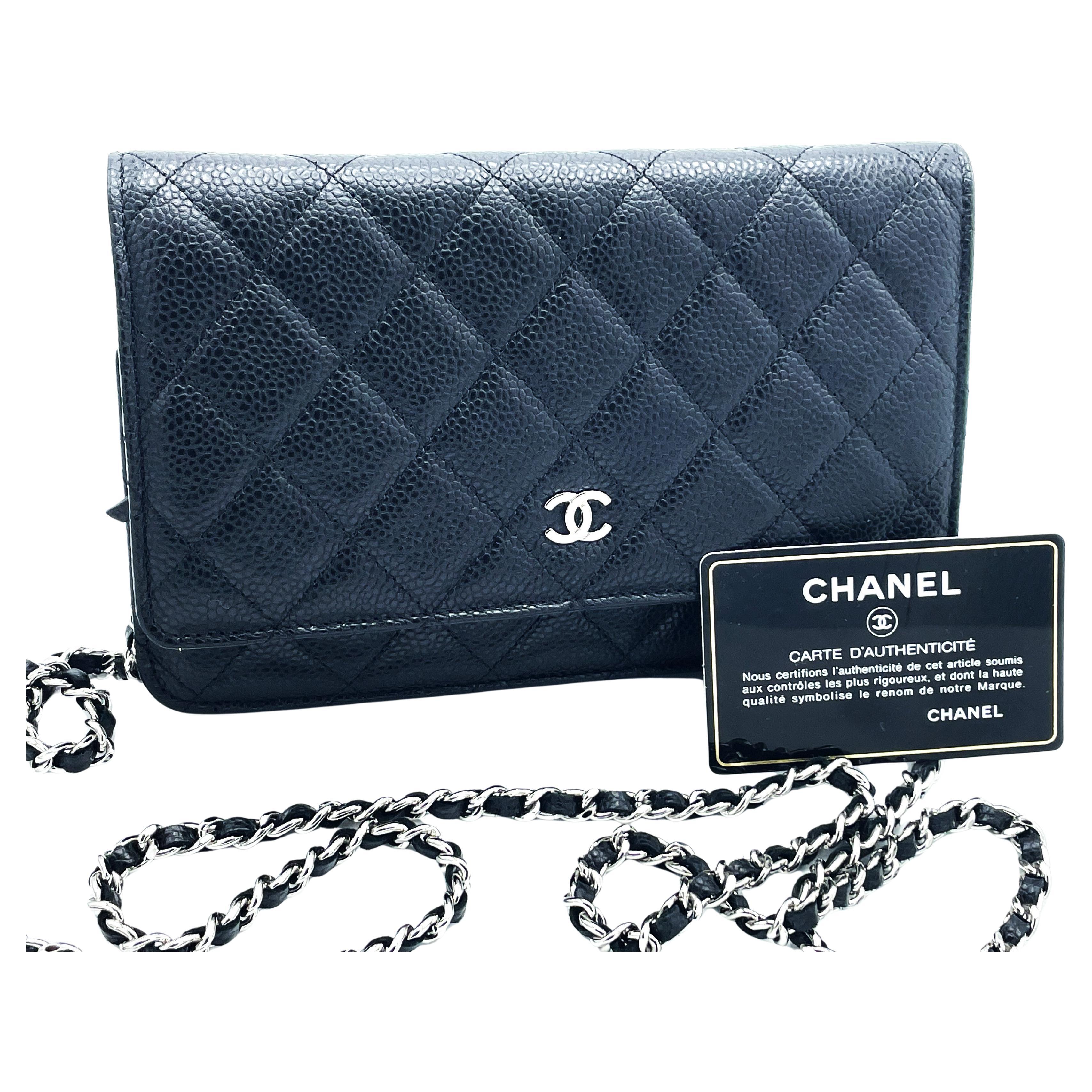 CHANEL WALLET ON CHAIN, black Caviar leather, long carrying chain , ID Carte For Sale