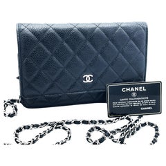CHANEL WALLET ON CHAIN, black Caviar leather, long carrying chain , ID Carte