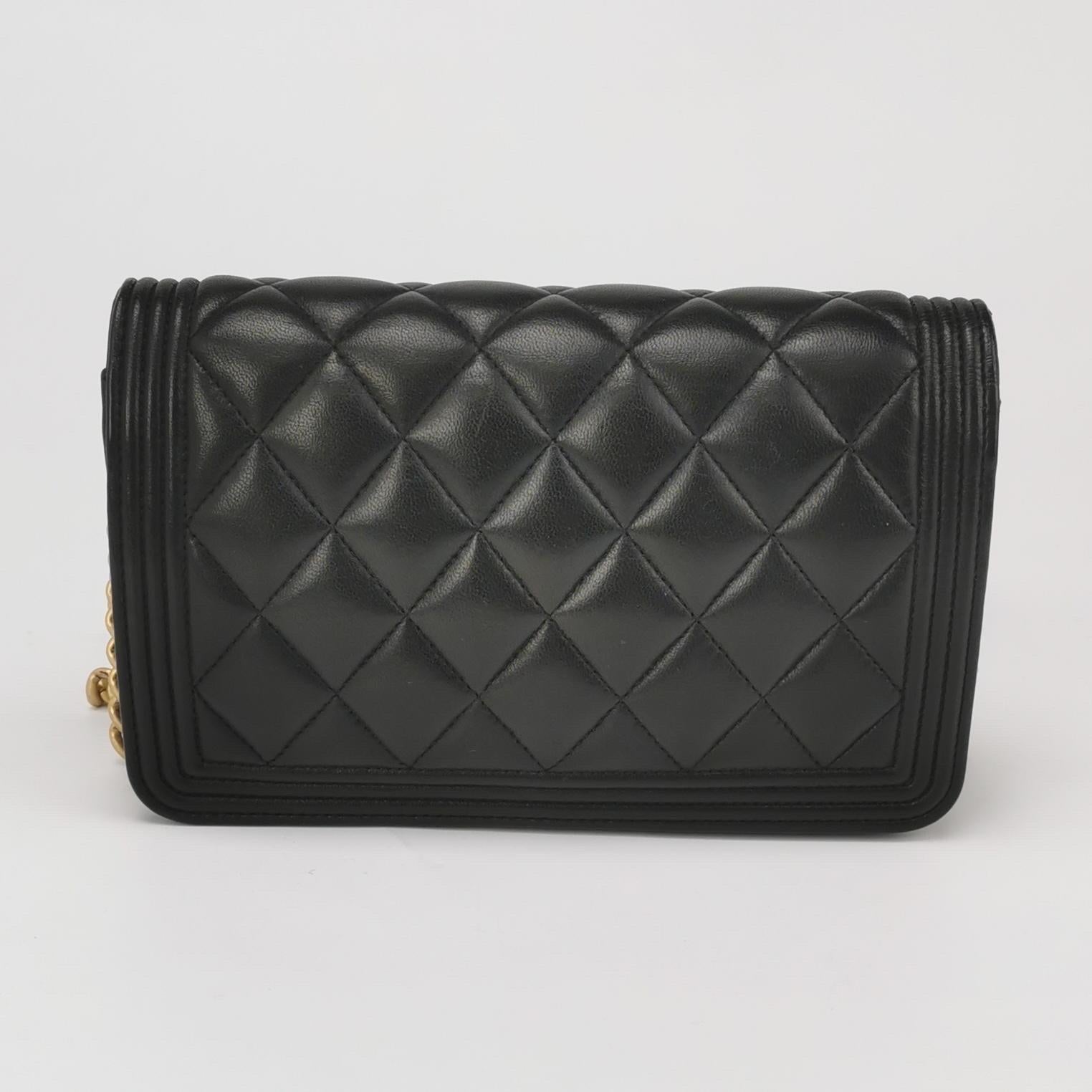Chanel Wallet on Chain Boy Flap Black Lambskin Leather Gold Hardware For Sale 2