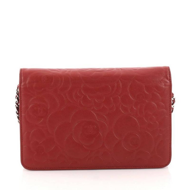 Chanel Red Lambskin Camellia Wallet On Chain (WOC) at 1stDibs