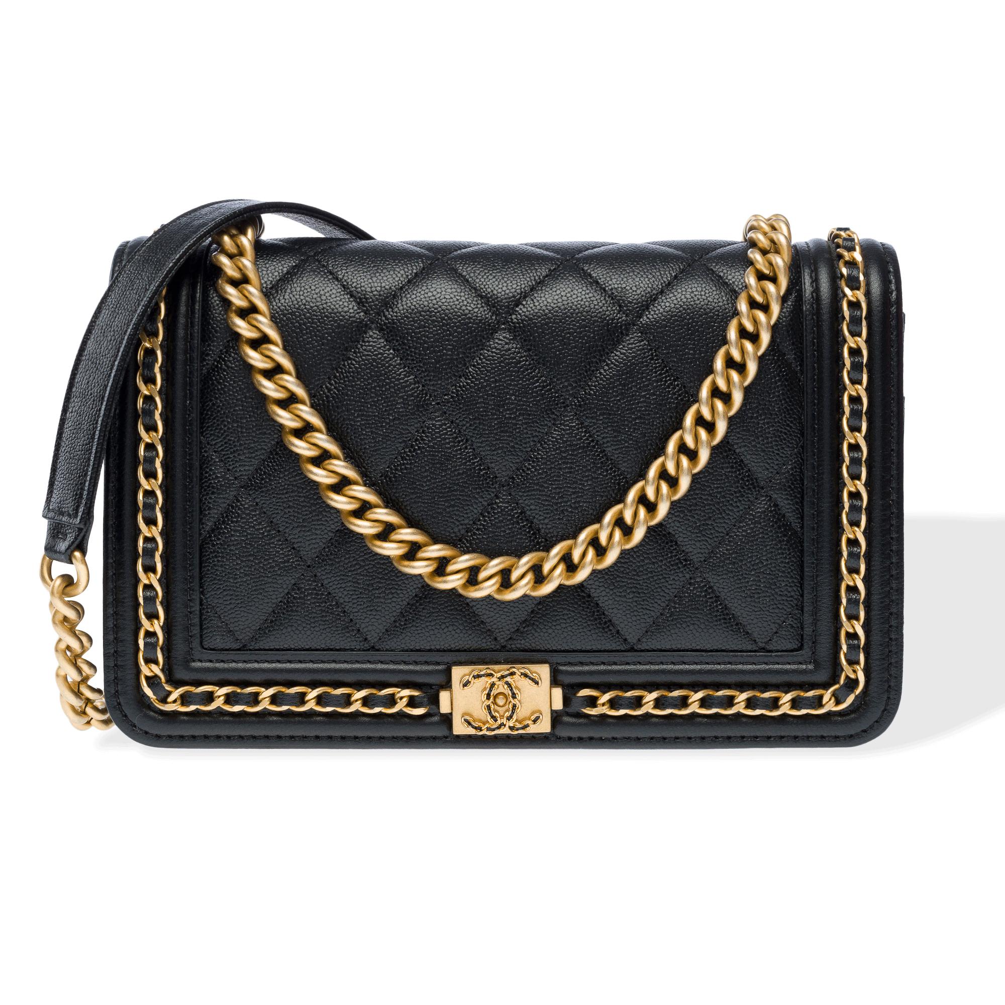 Stunning​ ​Chanel​ ​Wallet​ ​On​ ​Chain​ ​(WOC)​ ​limited​ ​edition​ ​Boy​ ​Chain​ ​Around​ ​shoulder​ ​bag​ ​in​ ​black​ ​quilted​ ​caviar​ ​leather,​ ​with​ ​gold​ ​metal​ ​trim,​ ​gold​ ​metal​ ​chain​ ​handle​ ​intertwined​ ​with​ ​black​