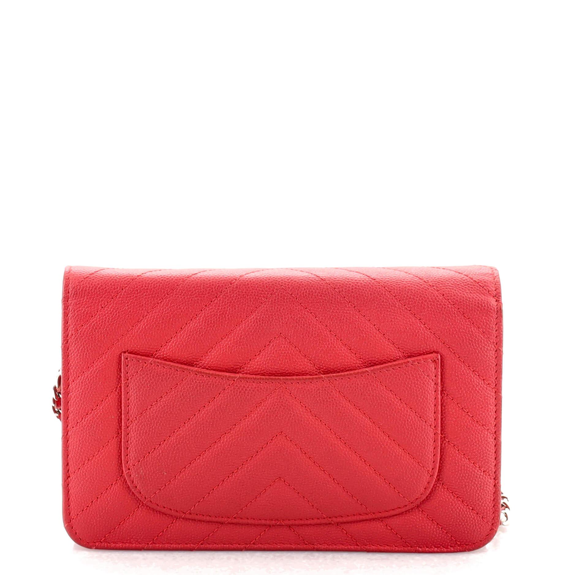 Red Chanel Wallet on Chain Chevron Caviar